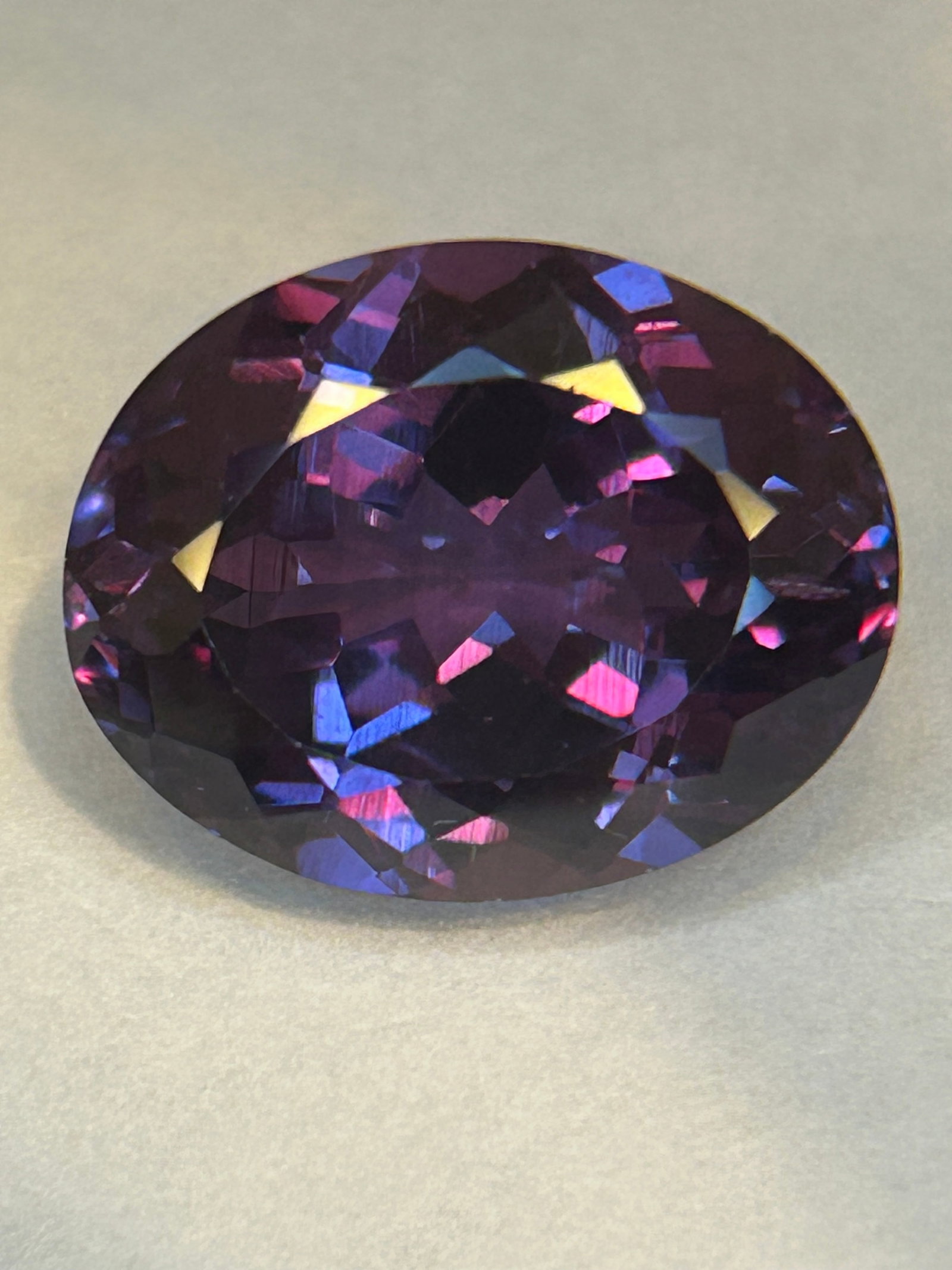16.30 Carat --- Natural Alexandrite --- Oval Cut --- EGL Certified: 16.30 Carats is considered extremely large Alexandrite. Oval cut, designed to maximize the color-change effect --often a mixed cut with a brilliant crown and step-cut pavilion. Purple to gray color ch
