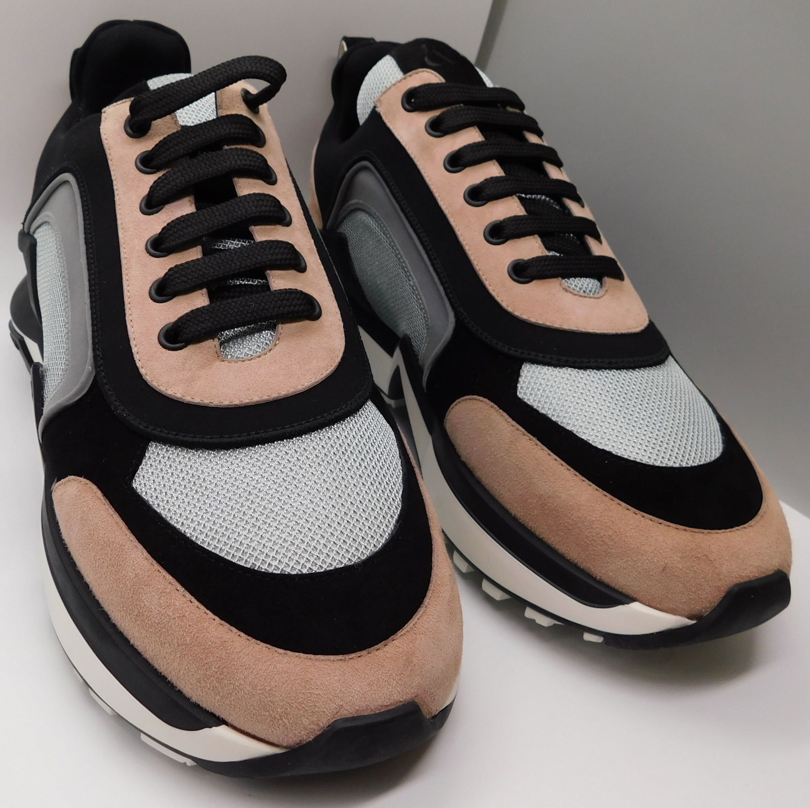 Pair of Ralph & Russo 4.0 Runner Sneakers, Suede Fabric, Tan/Silver Black, With Box & Dust Bags. EU - 4