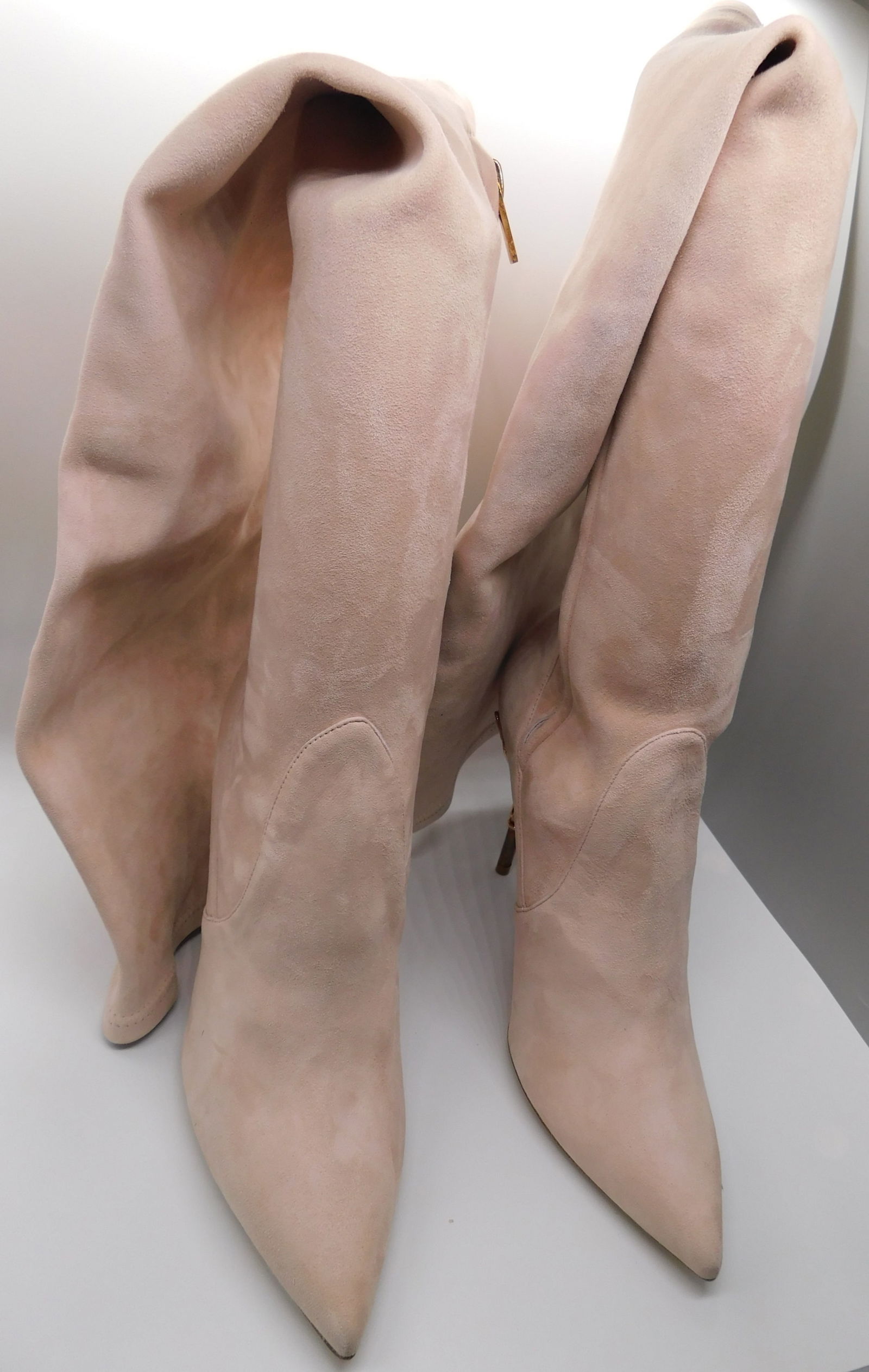 Pair of Ralph & Russo Eden Heel OTK Boots, Suede Fabric, Pink/ Rose Gold, With Box & Dust Bags. EU S: Pair of Ralph & Russo Eden Heel OTK Boots, Suede Fabric, Pink/ Rose Gold, With Box & Dust Bags. EU Size 38. (RRP £2,200) Slender and statuesque, the Eden Heel