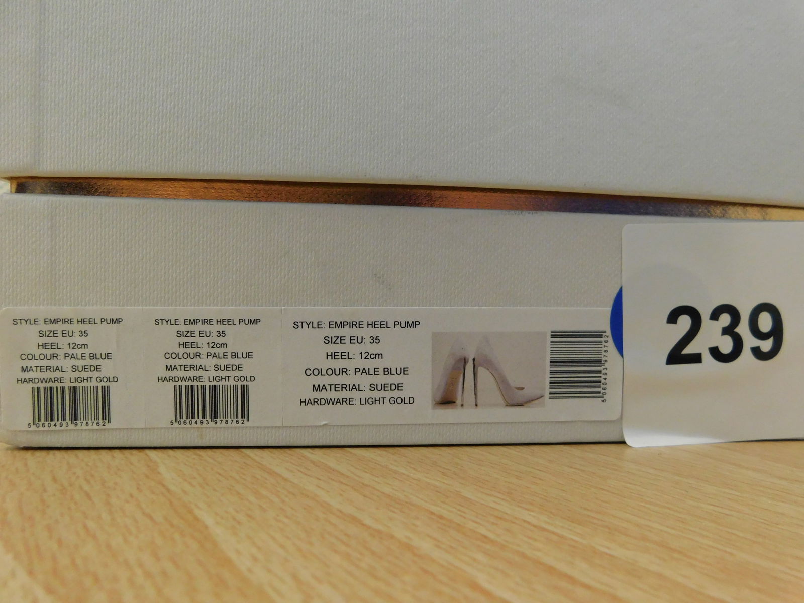 Pair of Ralph & Russo Empire Heel Pumps, Suede Fabric, Pale Blue/ Light Gold, With Box & Dust Bags. - 7