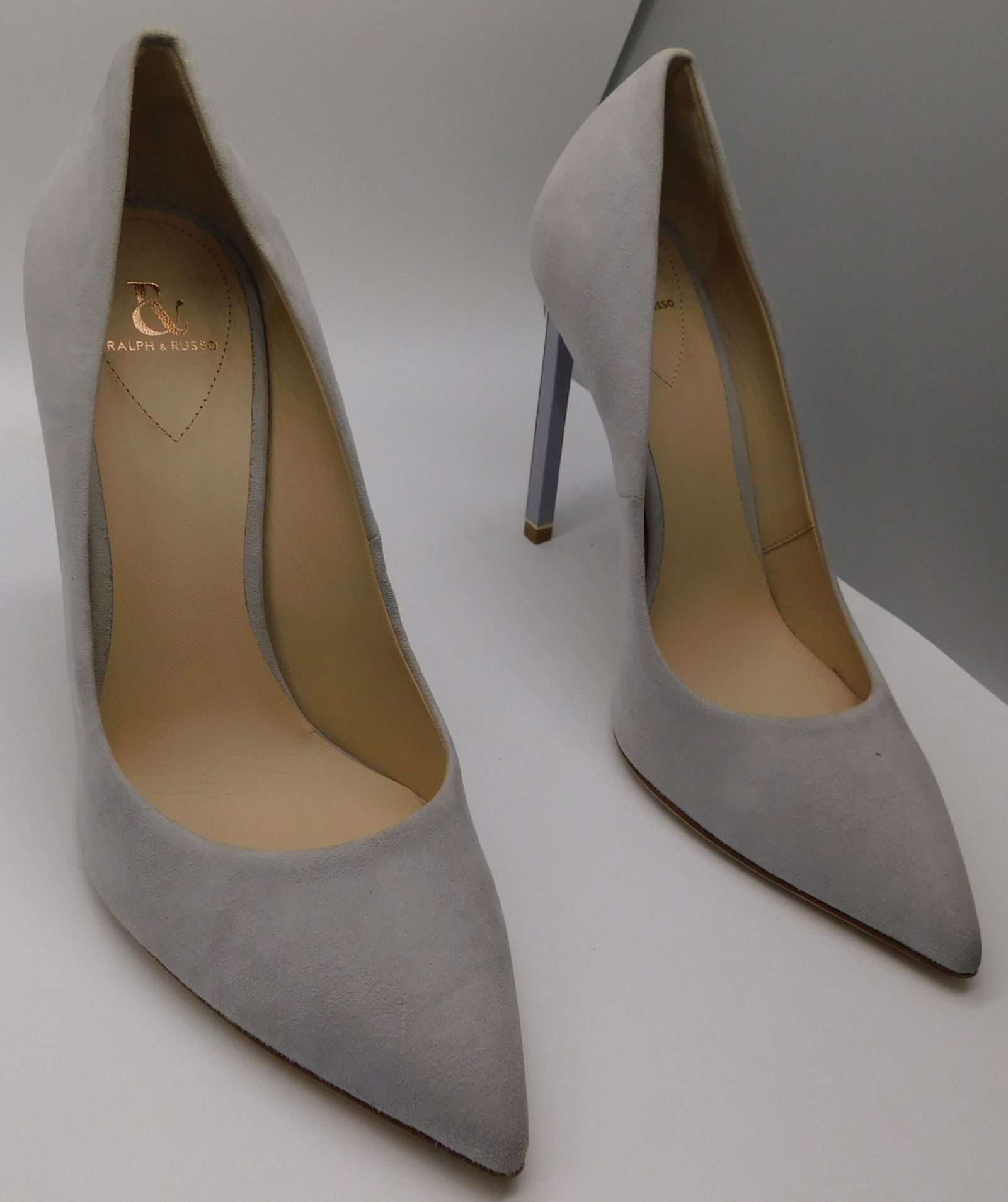 Pair of Ralph & Russo Empire Heel Pumps, Suede Fabric, Pale Blue/ Light Gold, With Box & Dust Bags.: Pair of Ralph & Russo Empire Heel Pumps, Suede Fabric, Pale Blue/ Light Gold, With Box & Dust Bags. EU Size 35. (RRP £825) Handcrafted in Italy and