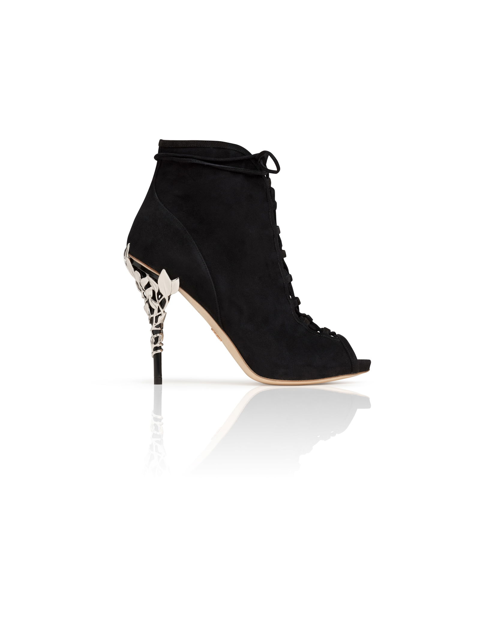 Pair of Ralph & Russo Eden Heel Open Toe Ankle Boots, Suede Fabric, Black/ Silver, With Box & Dust B - 2