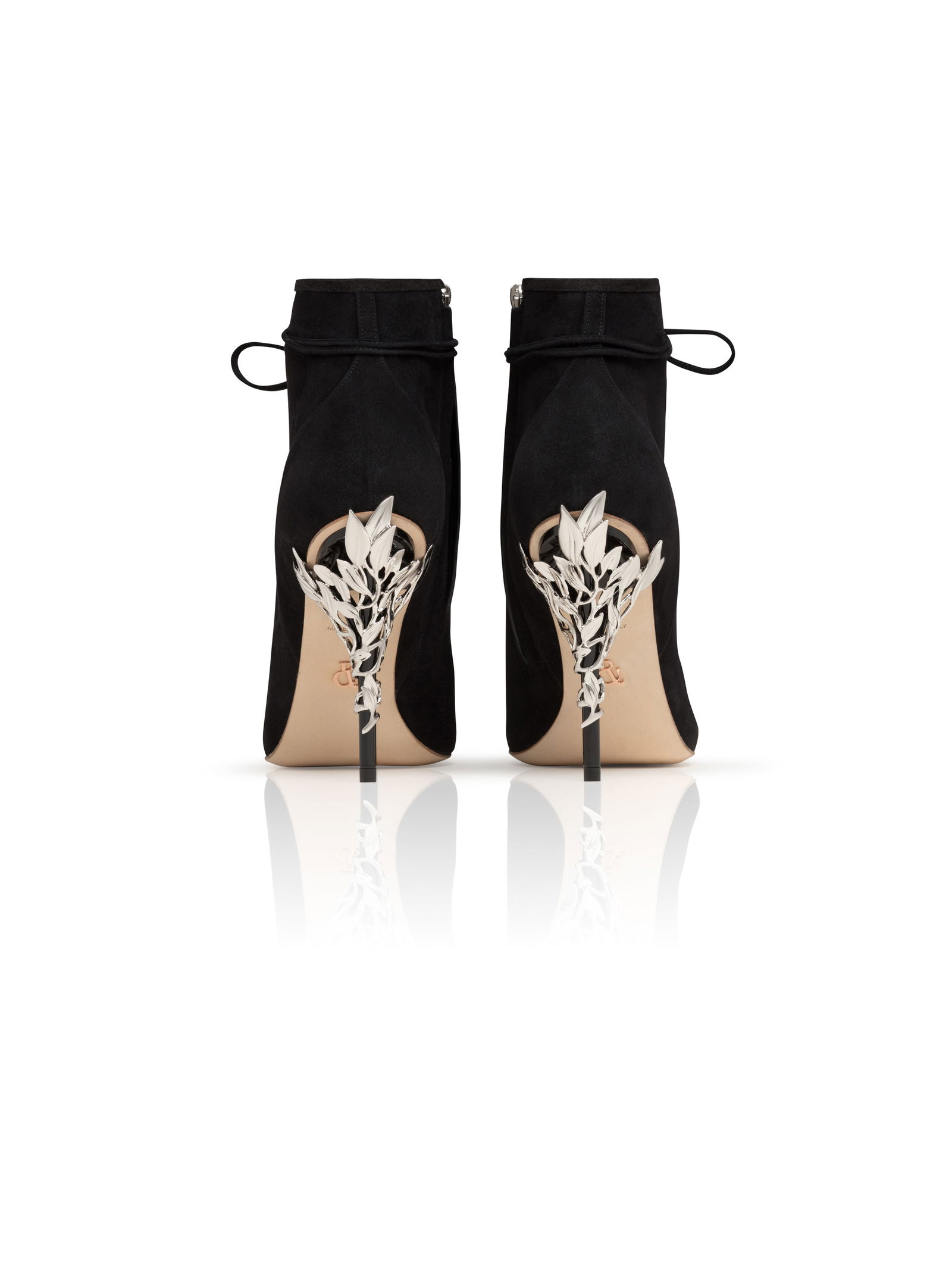 Pair of Ralph & Russo Eden Heel Open Toe Ankle Boots, Suede Fabric, Black/ Silver, With Box & Dust B - 4