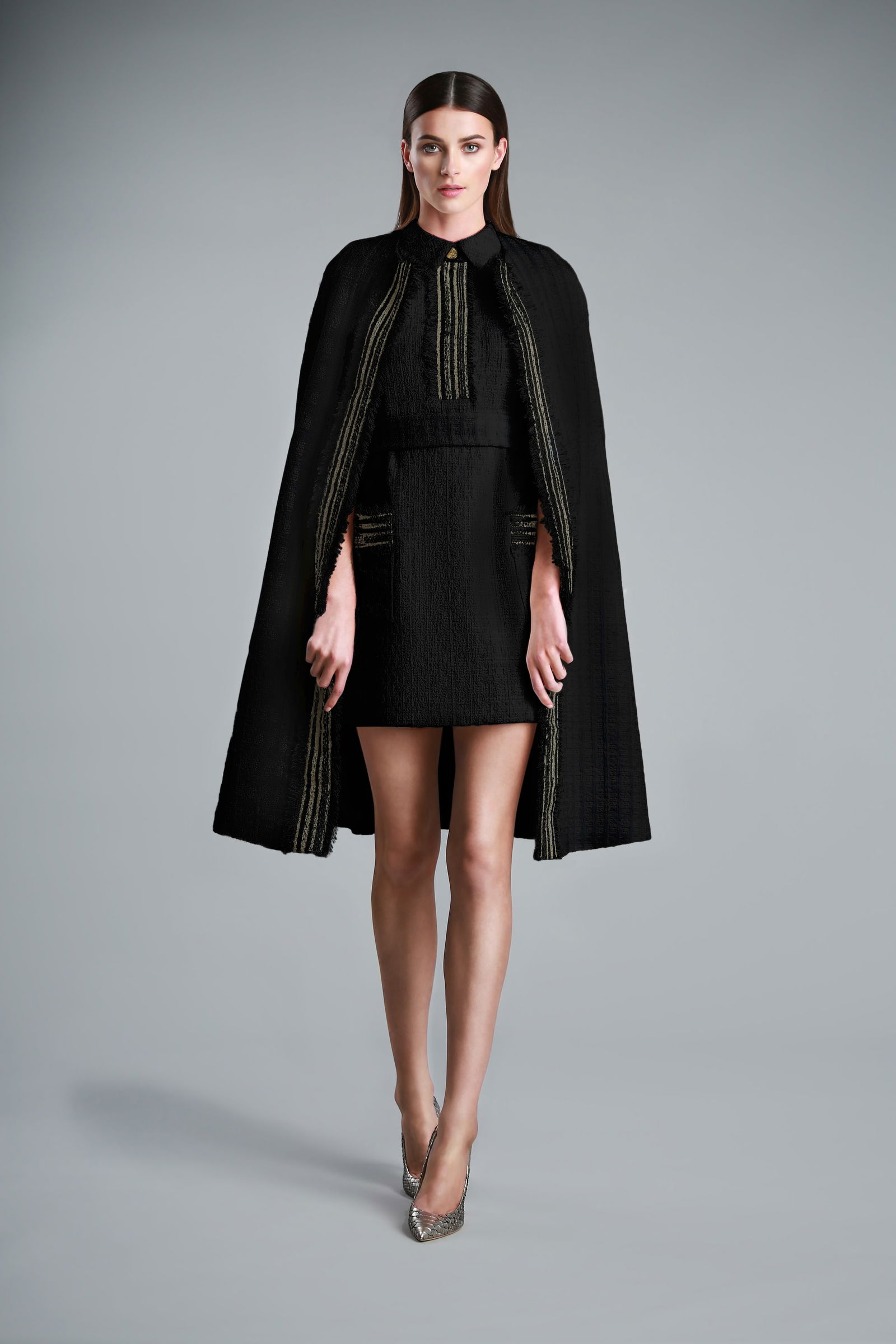 Ralph & Russo 17W CT 004 Cape, Black, Size 46 (RRP £6,500): Ralph & Russo 17W CT 004 Cape, Black, Size 46 (RRP £6,500) - Black Tweed knee length cape with applique' trims of hand-woven gold lurex embroidery running down the front opening and fringed