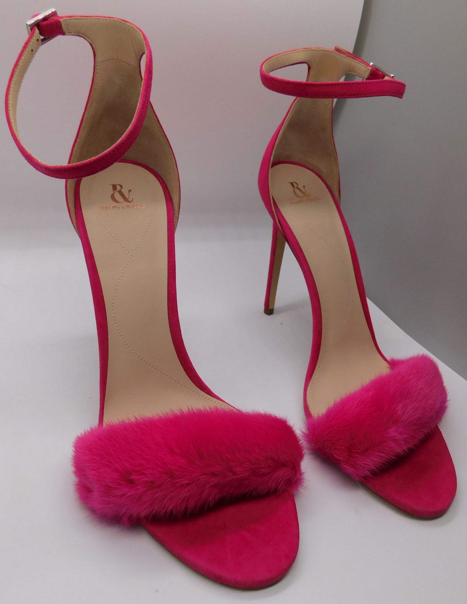 Pair of Ralph & Russo Mink Heel Sandals, Hot Pink/ Silver, With Box & Dust Bags. EU Size 39.5.: Pair of Ralph & Russo Mink Heel Sandals, Hot Pink/ Silver, With Box & Dust Bags. EU Size 39.5