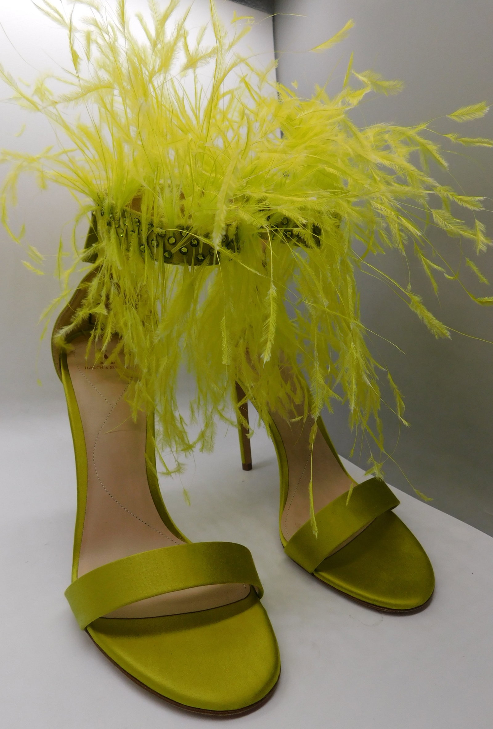 Pair of Ralph & Russo Feather Sandals, Chartreuse/ Silver, With Box & Dust Bags. EU Size 38.: Pair of Ralph & Russo Feather Sandals, Chartreuse/ Silver, With Box & Dust Bags. EU Size 38