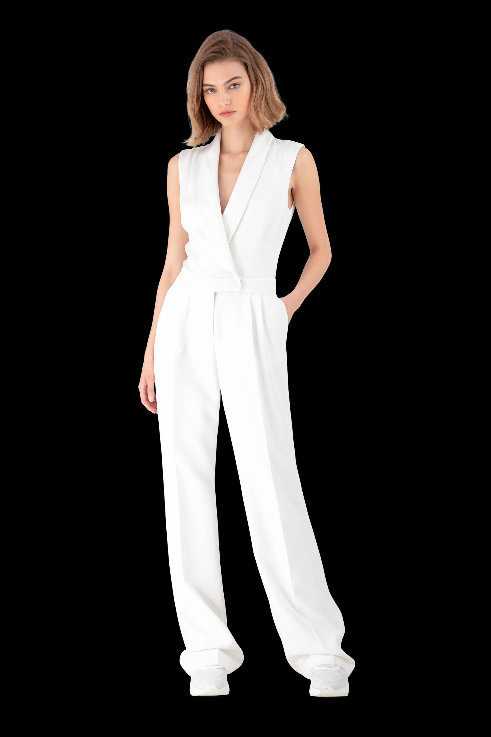 Ralph & Russo 20U11 0206 Jumpsuit, Snow White, Size 42 (RRP £2,500): Ralph & Russo 20U11 0206 Jumpsuit, Snow White, Size 42 (RRP £2,500) - White Satin Crepe Tuxedo Jumpsuit, sleeveless, wide leg, back welt pockets