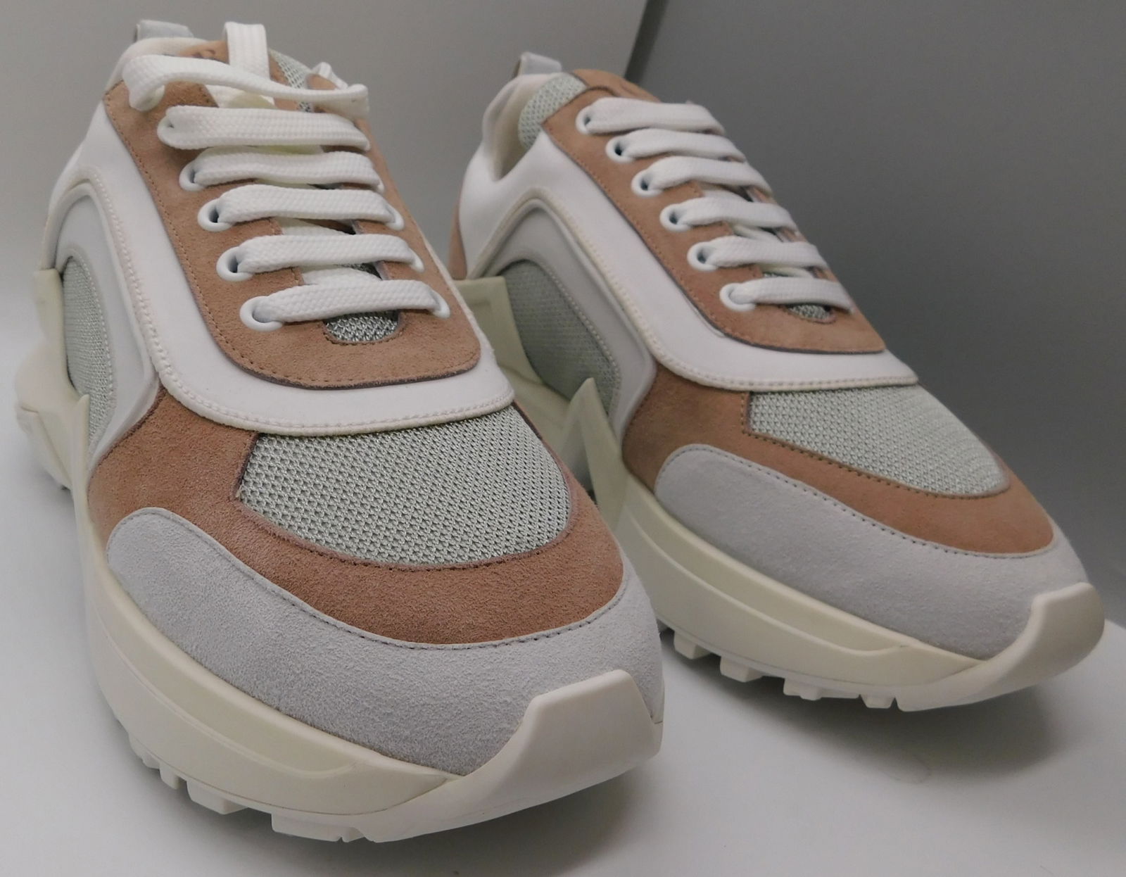 Pair of Ralph & Russo 4.0 Runner Sneakers, Suede Fabric, Tan White Silver with Box & Dust Bags. EU S: Pair of Ralph & Russo 4.0 Runner Sneakers, Suede-Nylon, Tan White Silver with Box & Dust Bags. EU Size 37.5. (RRP £595) Emblematic of the strong lines in modern architecture,