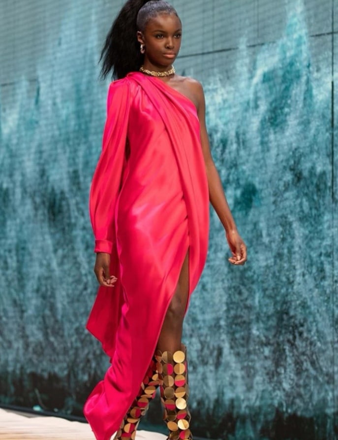 Ralph & Russo 21P 11 D346 Dress, Geranium, Size 38 (RRP £3,990): Ralph & Russo 21P 11 D346 Dress, Geranium, Size 38 (RRP £3,990) - Red geranium double satin asymmetrical draped evening gown with a sash.