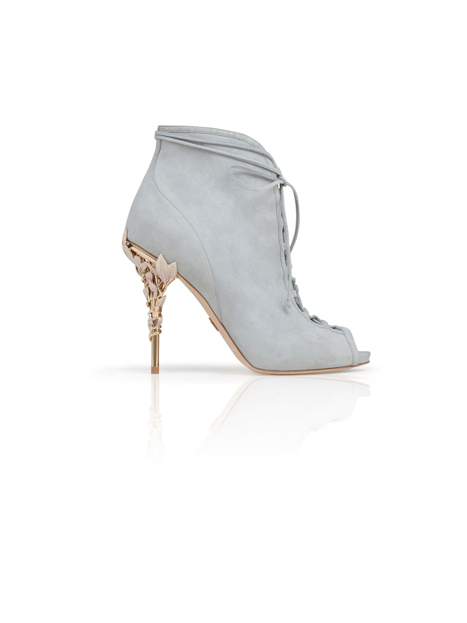 Pair of Ralph & Russo Eden Heel Open Toe Ankle Boots, Suede Fabric, Moonshadow/ Enamel, With Box & D - 2