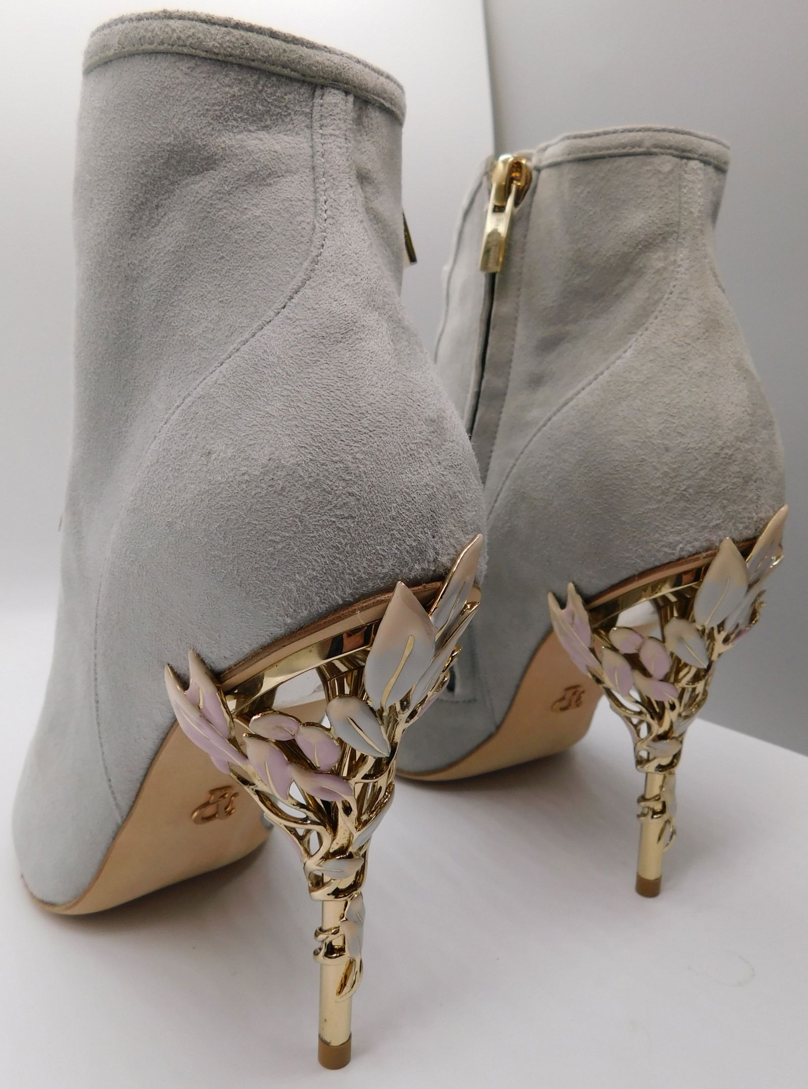 Pair of Ralph & Russo Eden Heel Open Toe Ankle Boots, Suede Fabric, Moonshadow/ Enamel, With Box & D - 3