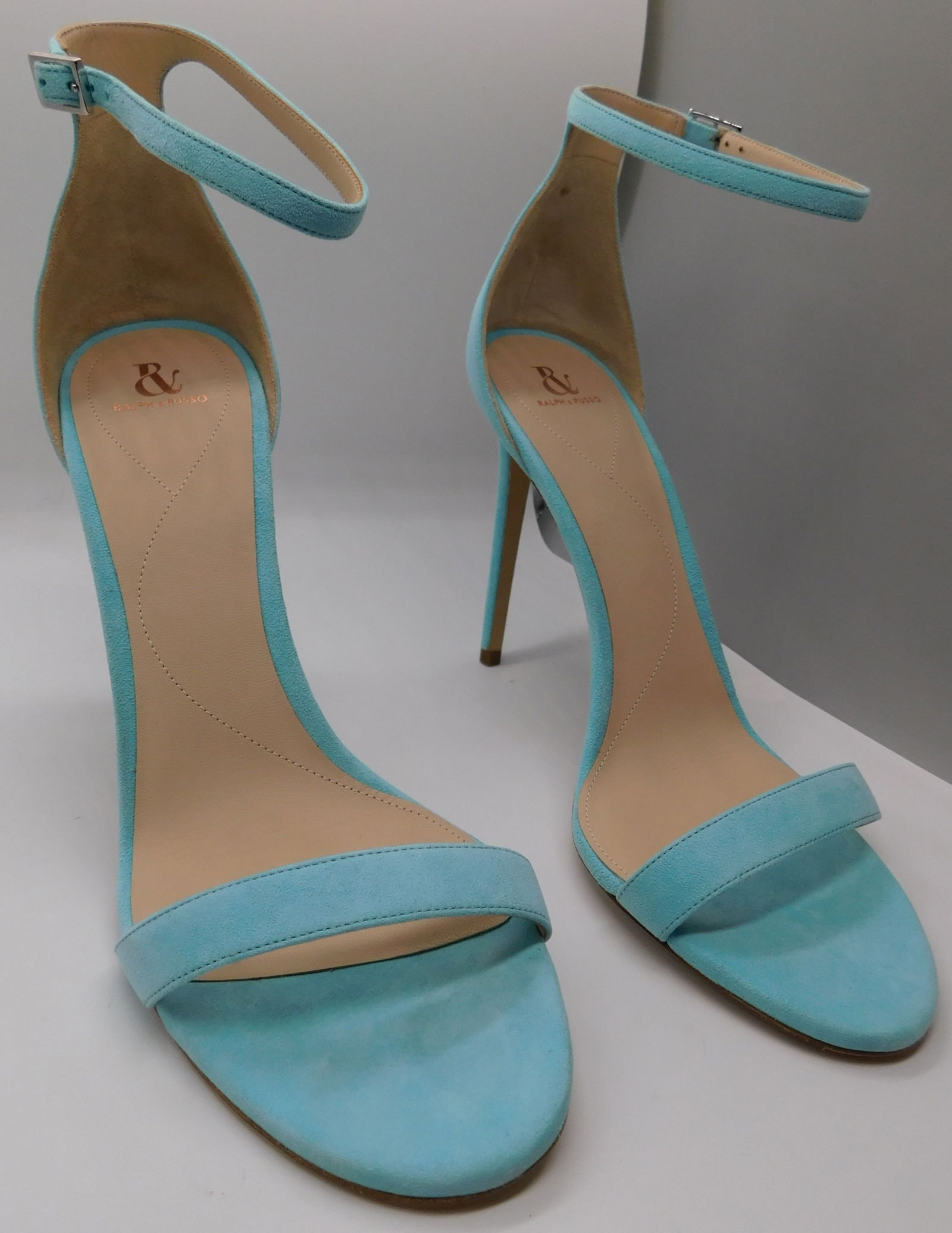 Pair of Ralph & Russo Plain Sandals, Suede Fabric, Mint/ Silver, With Box & Dust Bags. EU Size 38.: Pair of Ralph & Russo Plain Sandals, Suede, Mint/ Silver, With Box & Dust Bags. EU Size 38. (RRP £550) Handcrafted in Italy, our classic two-strap