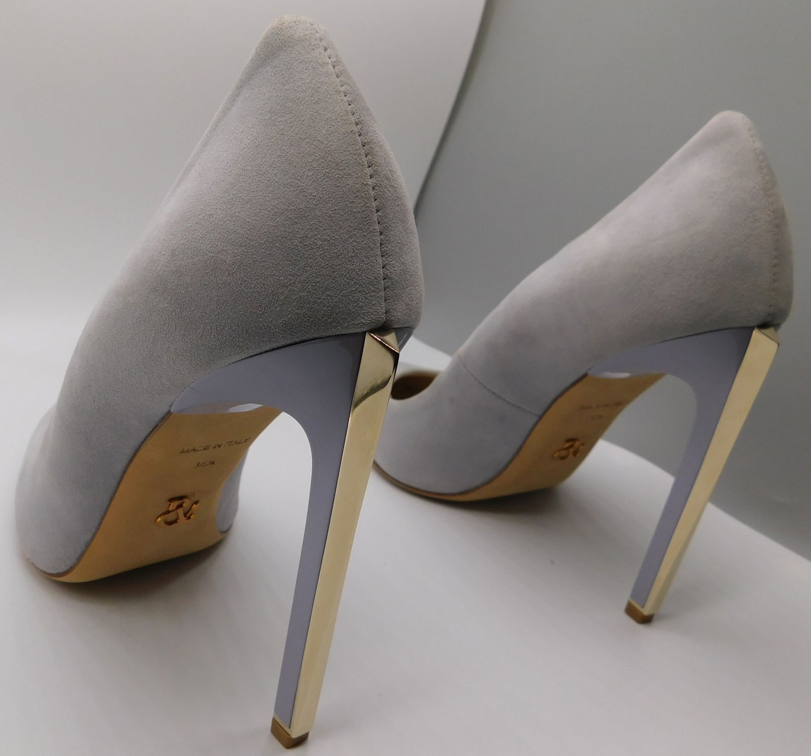 Pair of Ralph & Russo Empire Heel Pumps, Suede Fabric, Pale Blue/ Light Gold, With Box & Dust Bags. - 2