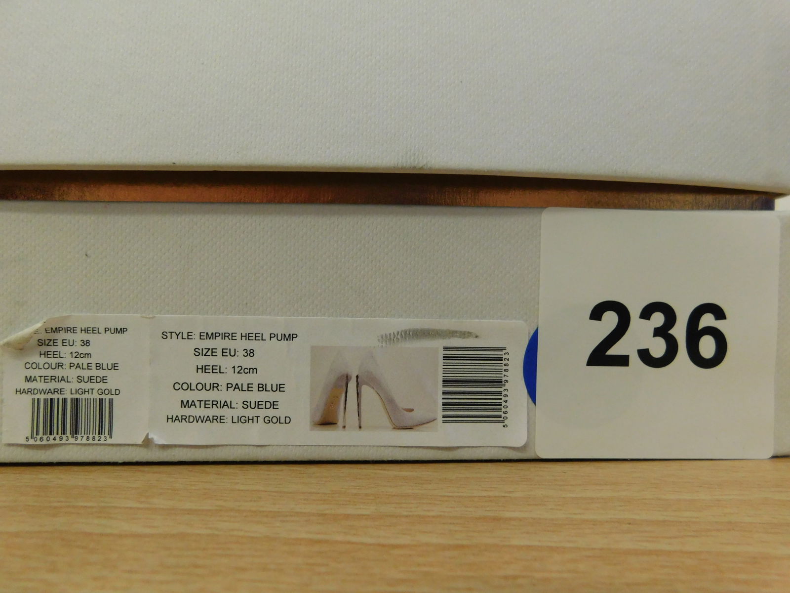 Pair of Ralph & Russo Empire Heel Pumps, Suede Fabric, Pale Blue/ Light Gold, With Box & Dust Bags. - 5