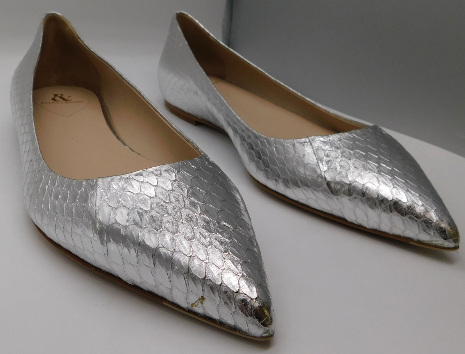 Pair of Ralph & Russo Ballerina Pointed Toe Sandals, Silver, With Box & Dust Bags. EU Size 38.: Pair of Ralph & Russo Ballerina Pointed Toe Sandals, Silver, With Box & Dust Bags. EU Size 38. (RRP £890). Designed with the modern woman at heart, the Balleri