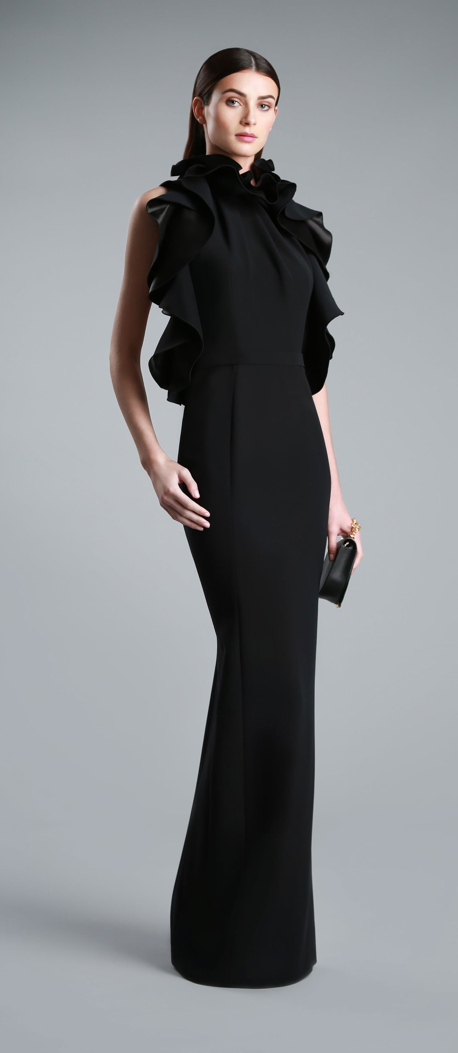 Ralph & Russo 17W EVE21 Dress, Black, Size 40: Ralph & Russo 17W EVE 021 T Bar Frill Evening Dress, Crepe Black, Size 40 (RRP £4,900) - Heavy crepe column evening halter neck dress with a frill motif starting from the side w