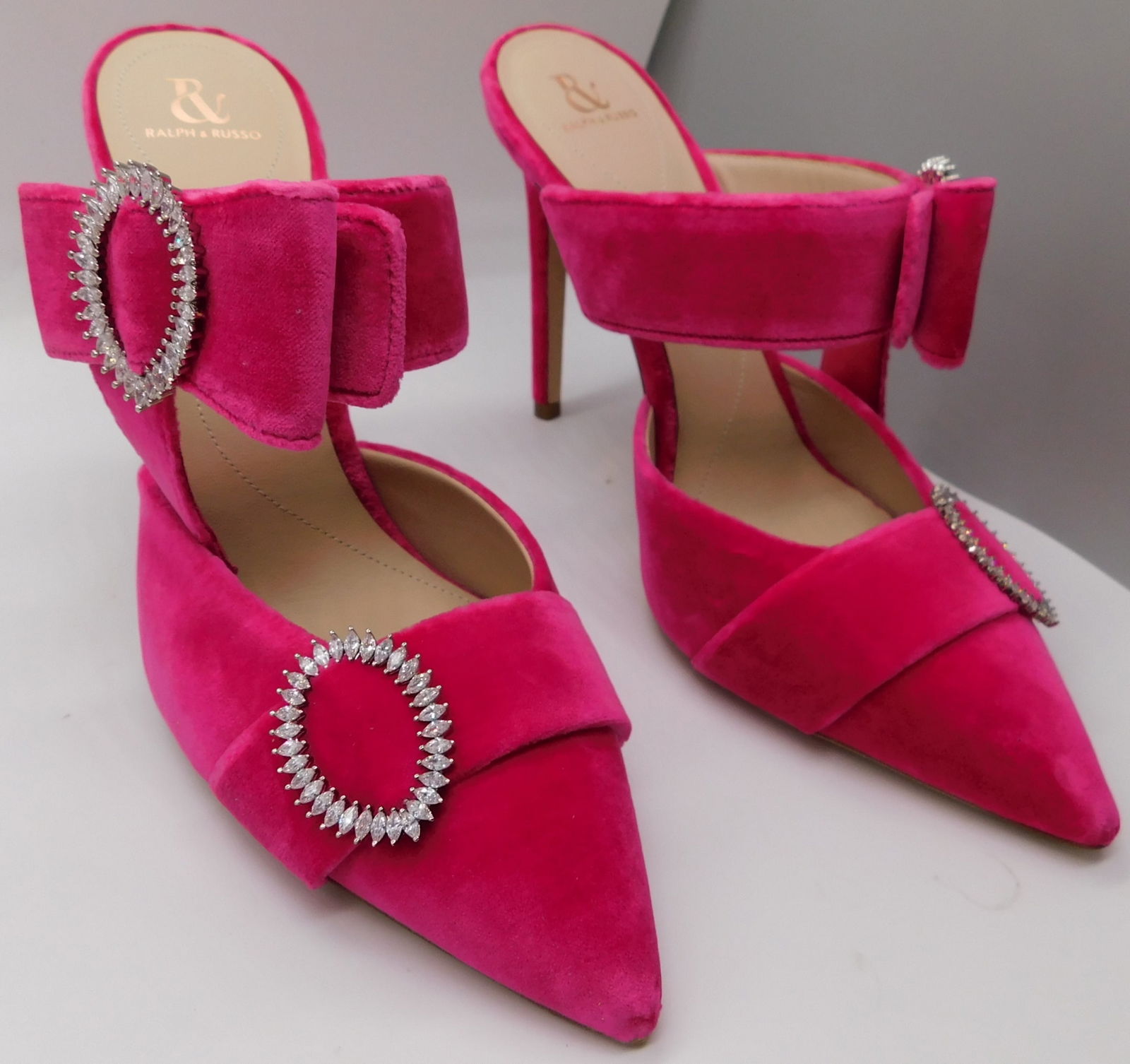 Pair of Ralph & Russo Bow Mule Heels, Velvet Material, Hot Pink/ Swarovski Buckle, With Box & Dust B: Pair of Ralph & Russo Bow Mule Heels, Velvet Material, Hot Pink/ Swarovski Buckle, With Box & Dust Bags. EU Size 37