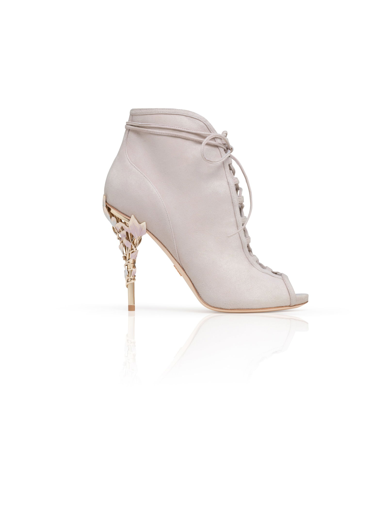 Pair of Ralph & Russo Eden Heel Open Toe Ankle Boot, Suede Fabric, Pink/Enamel with Box & Dust Bags. - 2