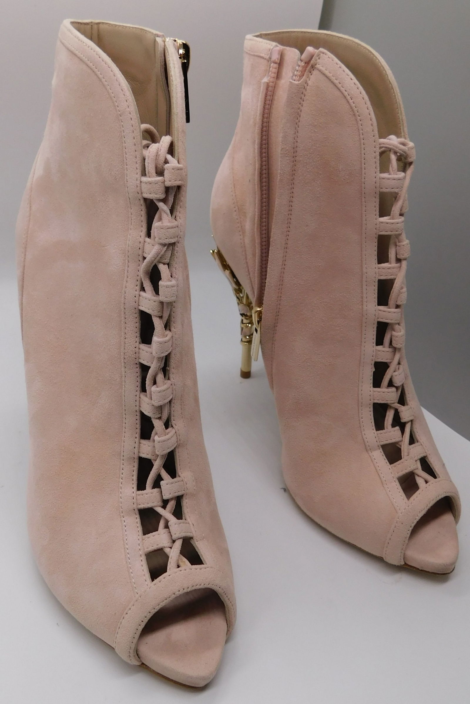 Pair of Ralph & Russo Eden Heel Open Toe Ankle Boot, Suede Fabric, Pink/Enamel with Box & Dust Bags.: Pair of Ralph & Russo Eden Heel Open Toe Ankle Boot, Suede Fabric, Pink/Enamel with Box & Dust Bags. EU Size 40. (RRP £1,700) Handcrafted in Italy, the Eden bo