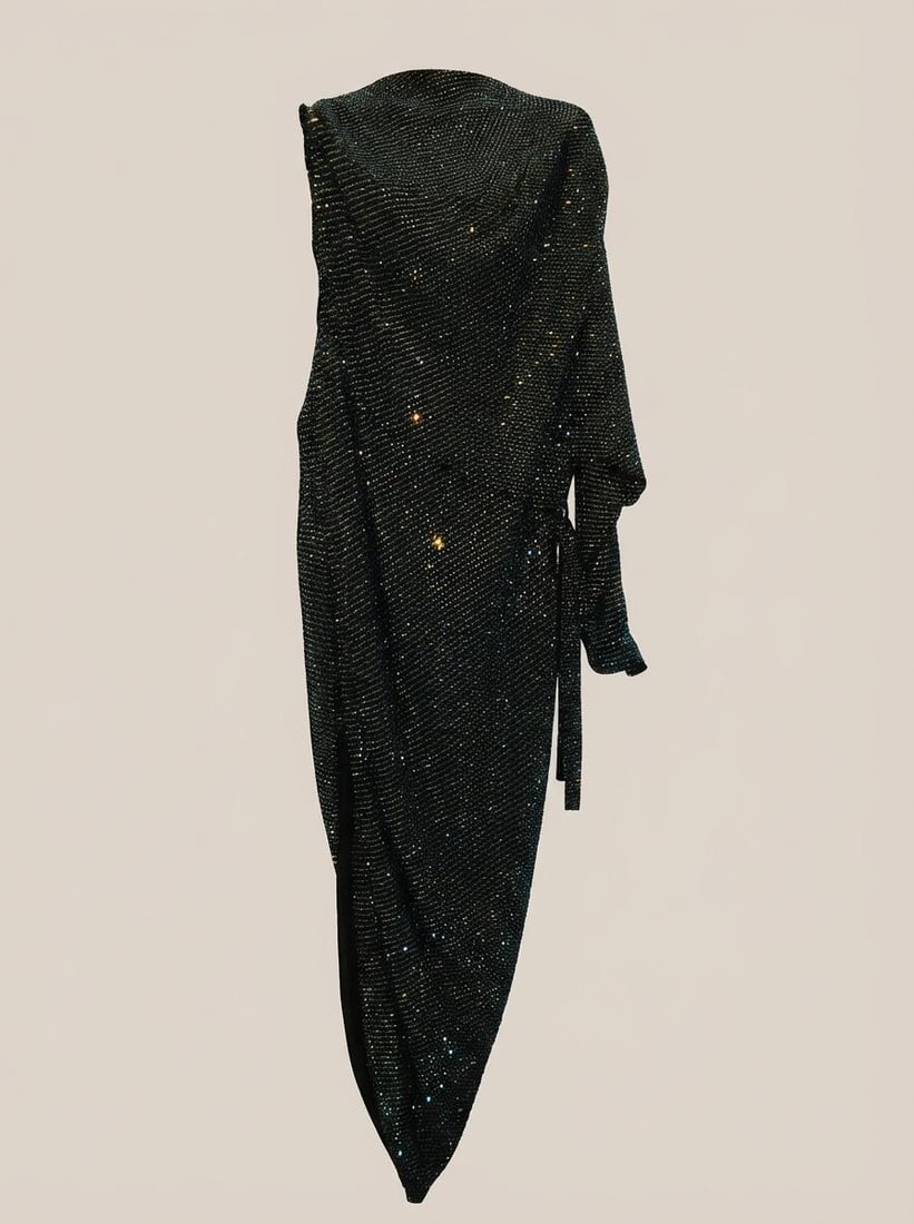 Ralph & Russo 19F11 D069, Embellished Drape Asymmetric Dress with Hotfix Crystals, Black, Size 40 ( - 2