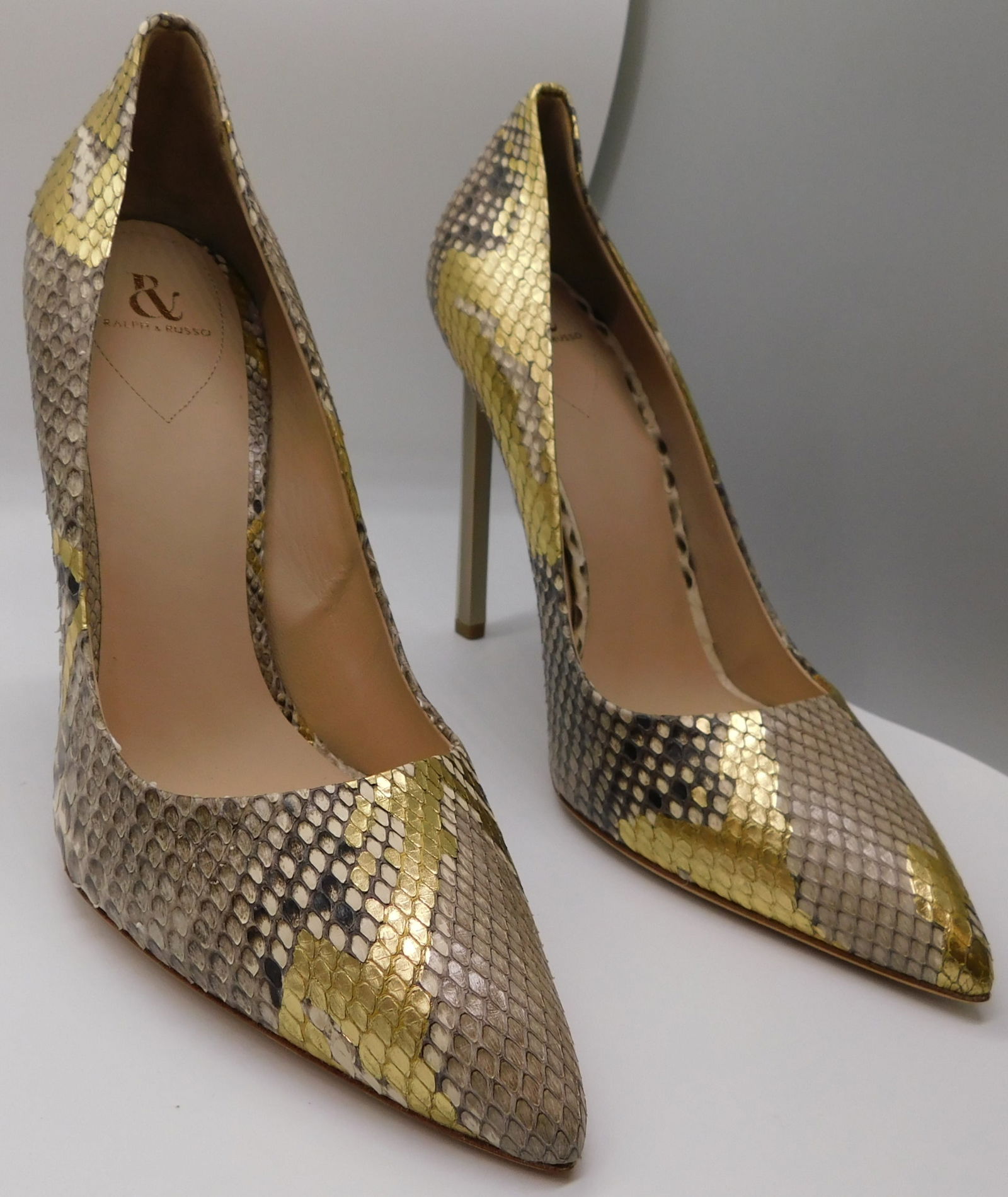 Pair of Ralph & Russo Empire Heel Pumps, Light Grey/ Light Gold, With Box & Dust Bags. EU Size 38.: Pair of Ralph & Russo Empire Heel Pumps, Light Grey/ Light Gold, With Box & Dust Bags. EU Size 38