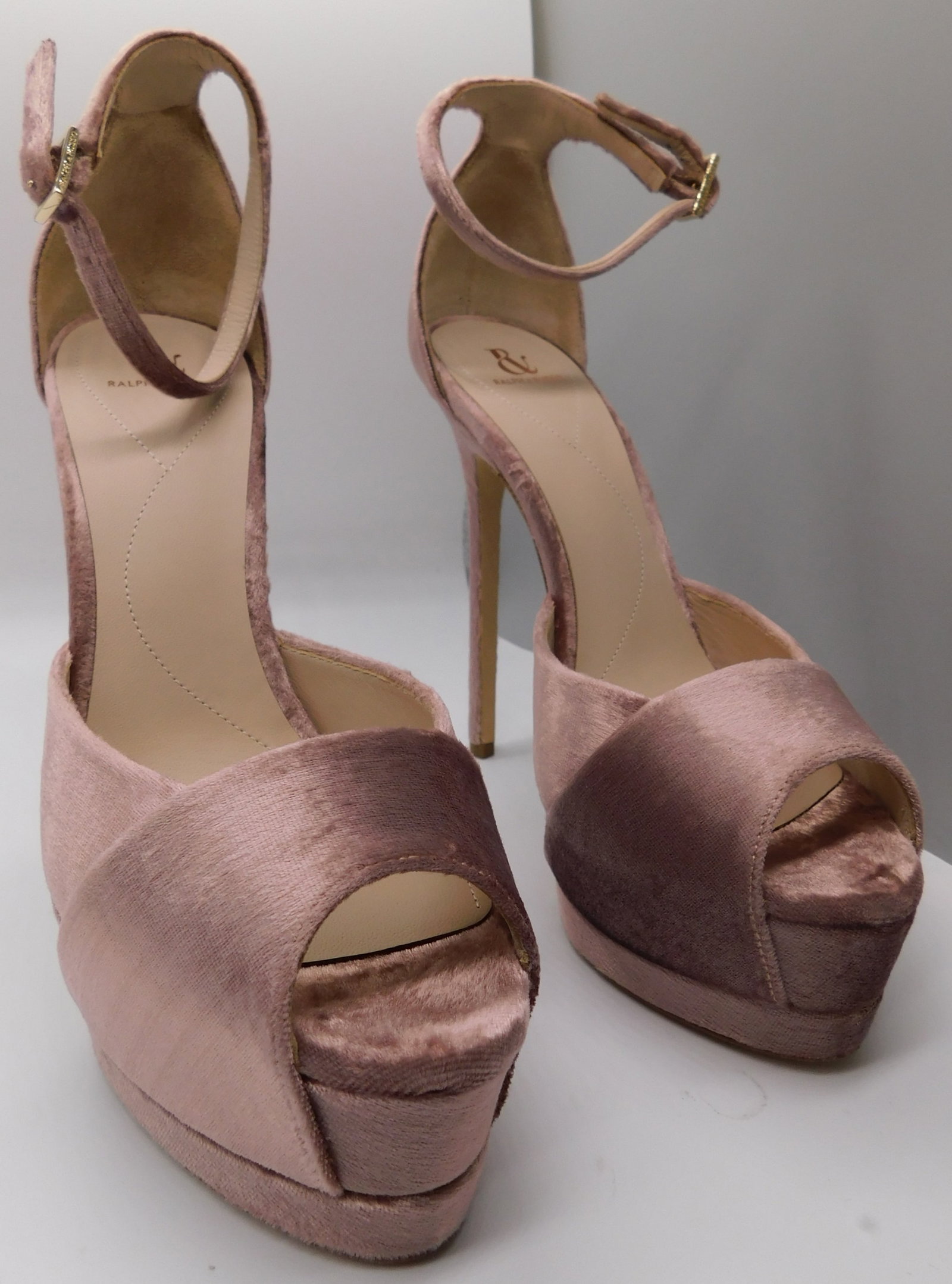 Pair of Ralph & Russo Couture Platform Sandal, Velvel Fabric, Pink/ Light Gold, With Box & Dust Bags: Pair of Ralph & Russo Couture Platform Sandal, Velvet Fabric, Pink/ Light Gold, With Box & Dust Bags. EU Size 39. (RRP £890). Lustrous and alluring, the