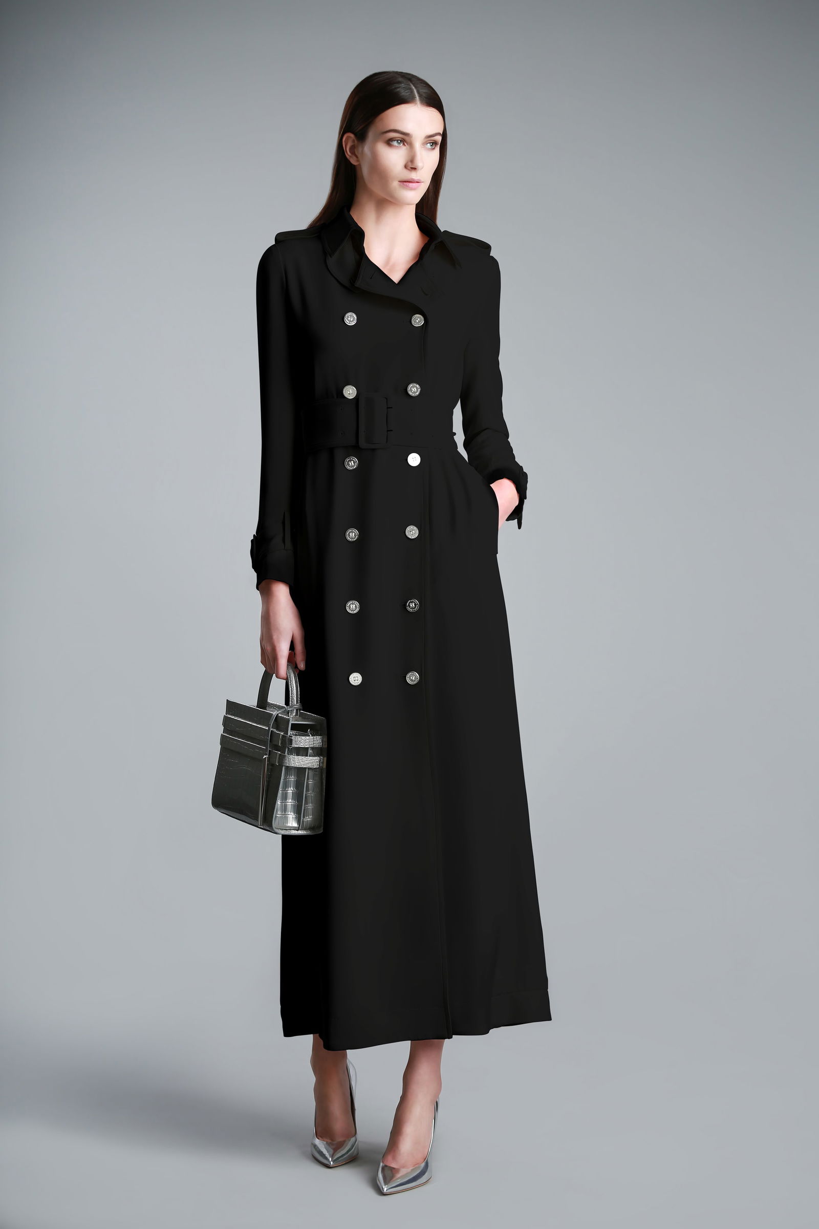 Ralph & Russo 17W CT 002A Double Satin Long Trench Coat, Satin Black, Size 40 (RRP £4,350) (1 of 4)