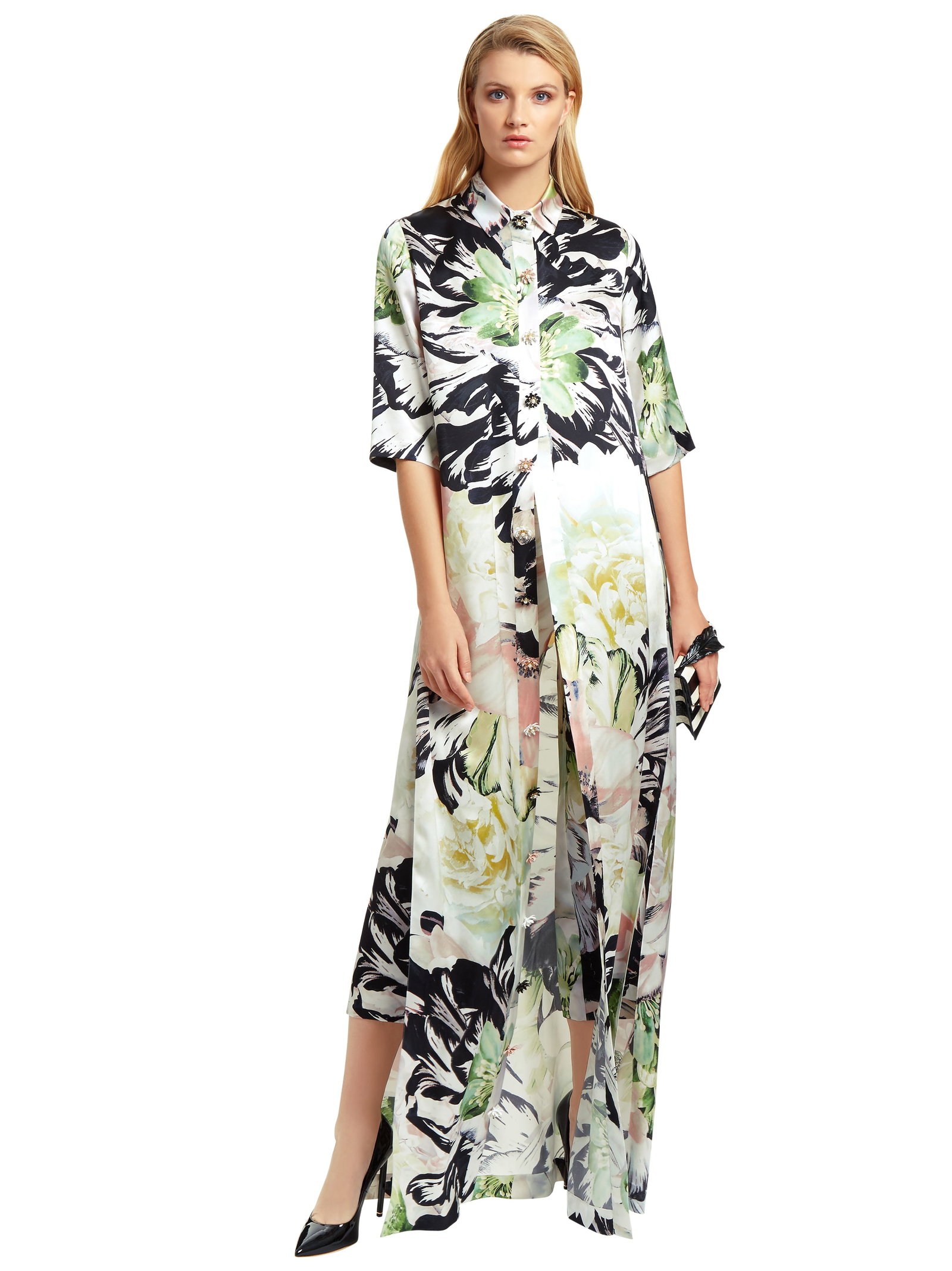 Ralph & Russo 19U11 D40 Long Jacket, Pink/Mint Print, Size 40: Ralph & Russo 19U11 D40 Long Printed Silk Shirt Dress, Pink/Mint Print, Size 40 (RRP £3,100) Floral watercolour print silk satin shirt dress with high side splits and coloured j