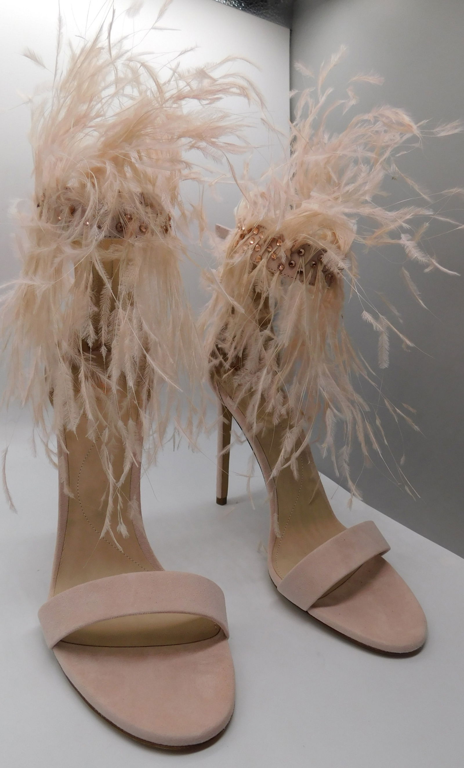 Pair of Ralph & Russo Feather Sandals, Nude/ Silver, With Box & Dust Bags. EU Size 39.5.: Pair of Ralph & Russo Feather Sandals, Nude/ Silver, With Box & Dust Bags. EU Size 39.5