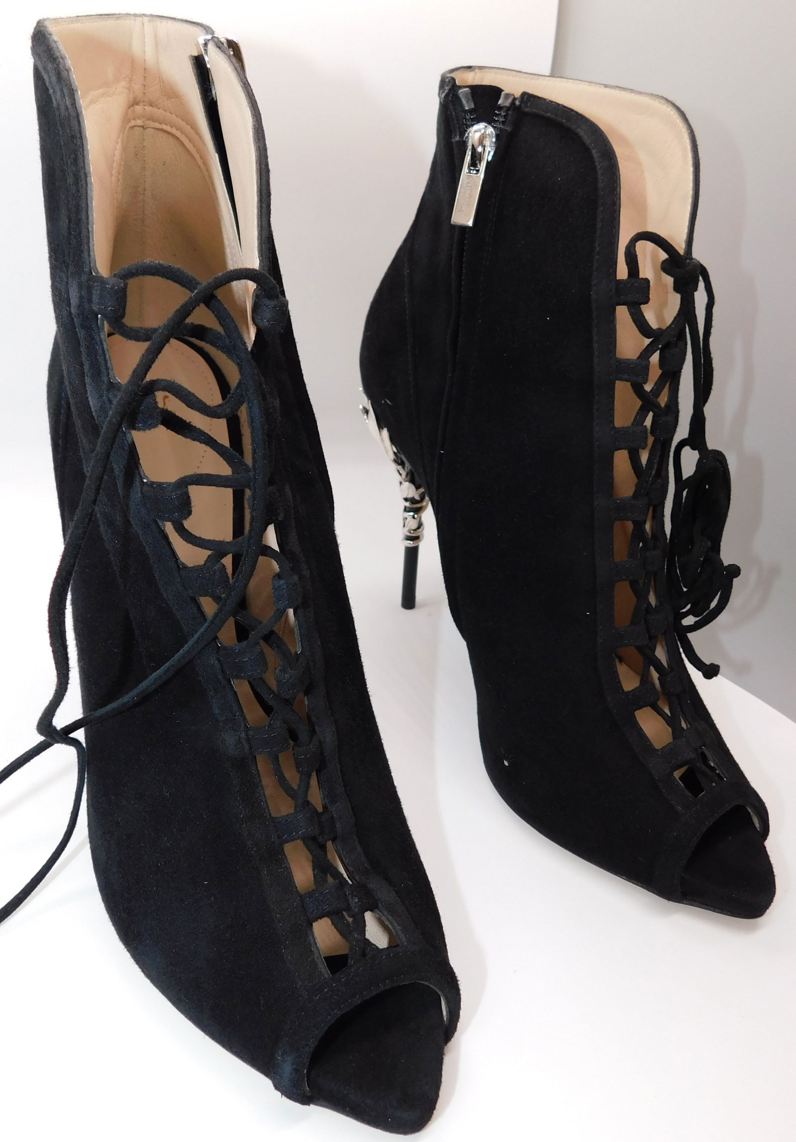 Pair of Ralph & Russo Eden Heel Open Toe Ankle Boots, Suede Fabric, Black/ Silver, With Box & Dust B (1 of 6)