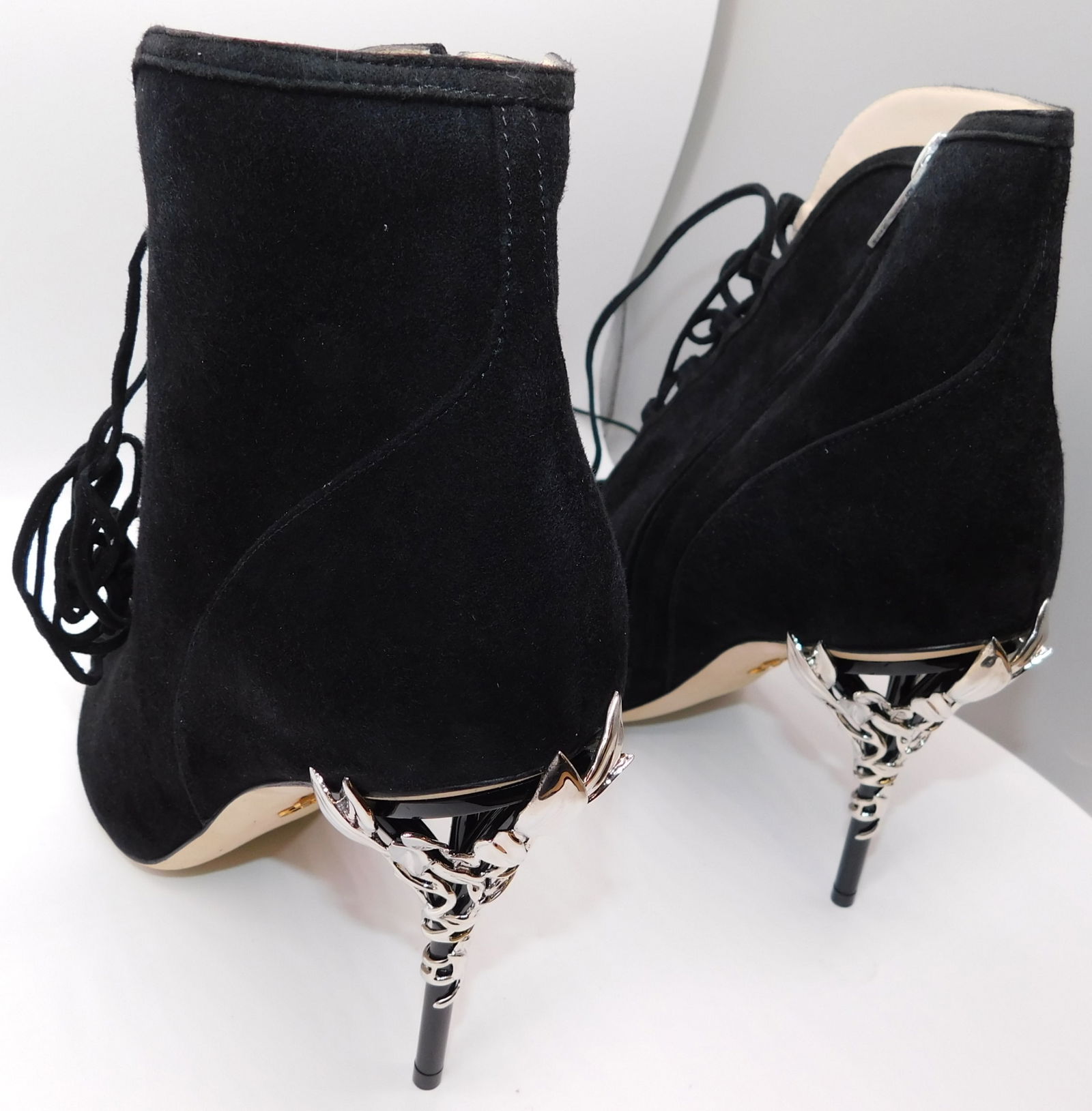 Pair of Ralph & Russo Eden Heel Open Toe Ankle Boots, Suede Fabric, Black/ Silver, With Box & Dust B - 3