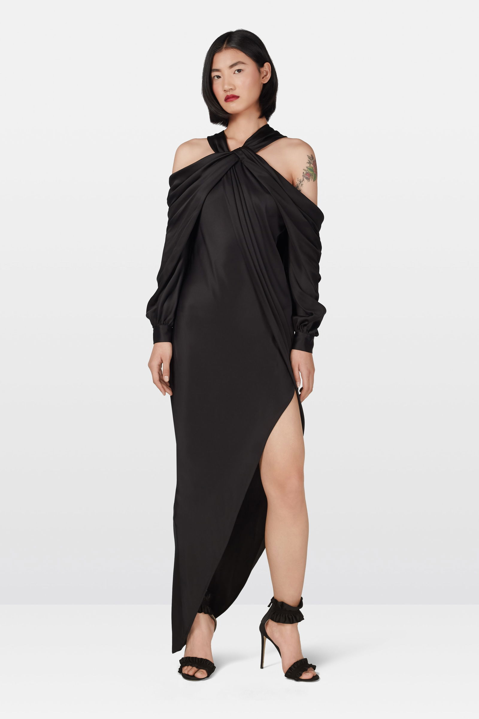 Ralph & Russo 20P 11 D283 Dress, Double Silk Satin Off the Shoulder Draped Dress, Black, Size 42 (RR (1 of 5)