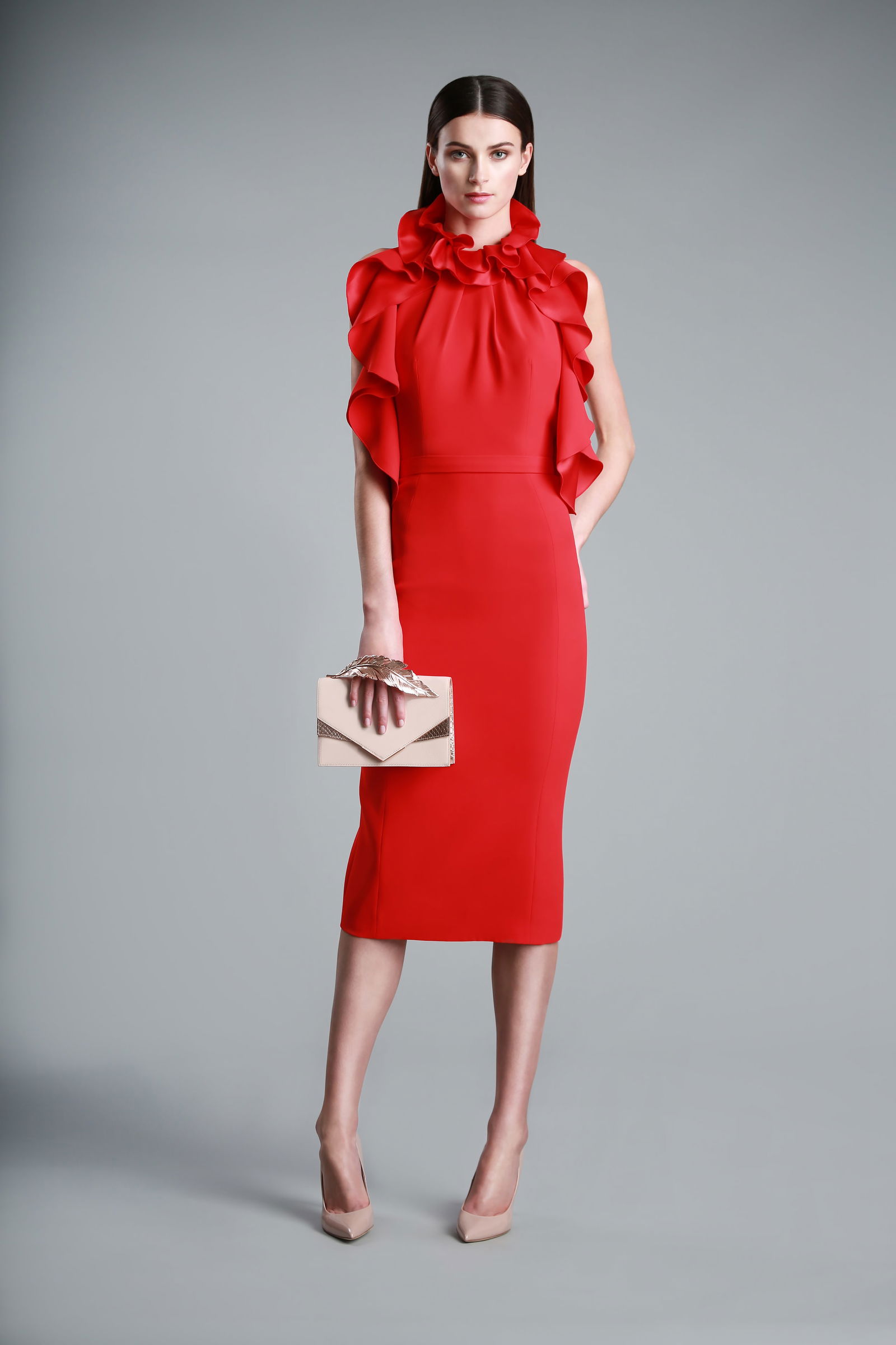 Ralph & Russo 7W DRS 011 Heavy Crepe T Bar Frill Cocktail Dress, Red, Size 38: Ralph & Russo 17W DRS 011 Heavy Crepe T Bar Frill Cocktail Dress, Red, Size 38 - Heavy crepe midi column cocktail halter neck dress with a frill motif starting from the side waistline up to the