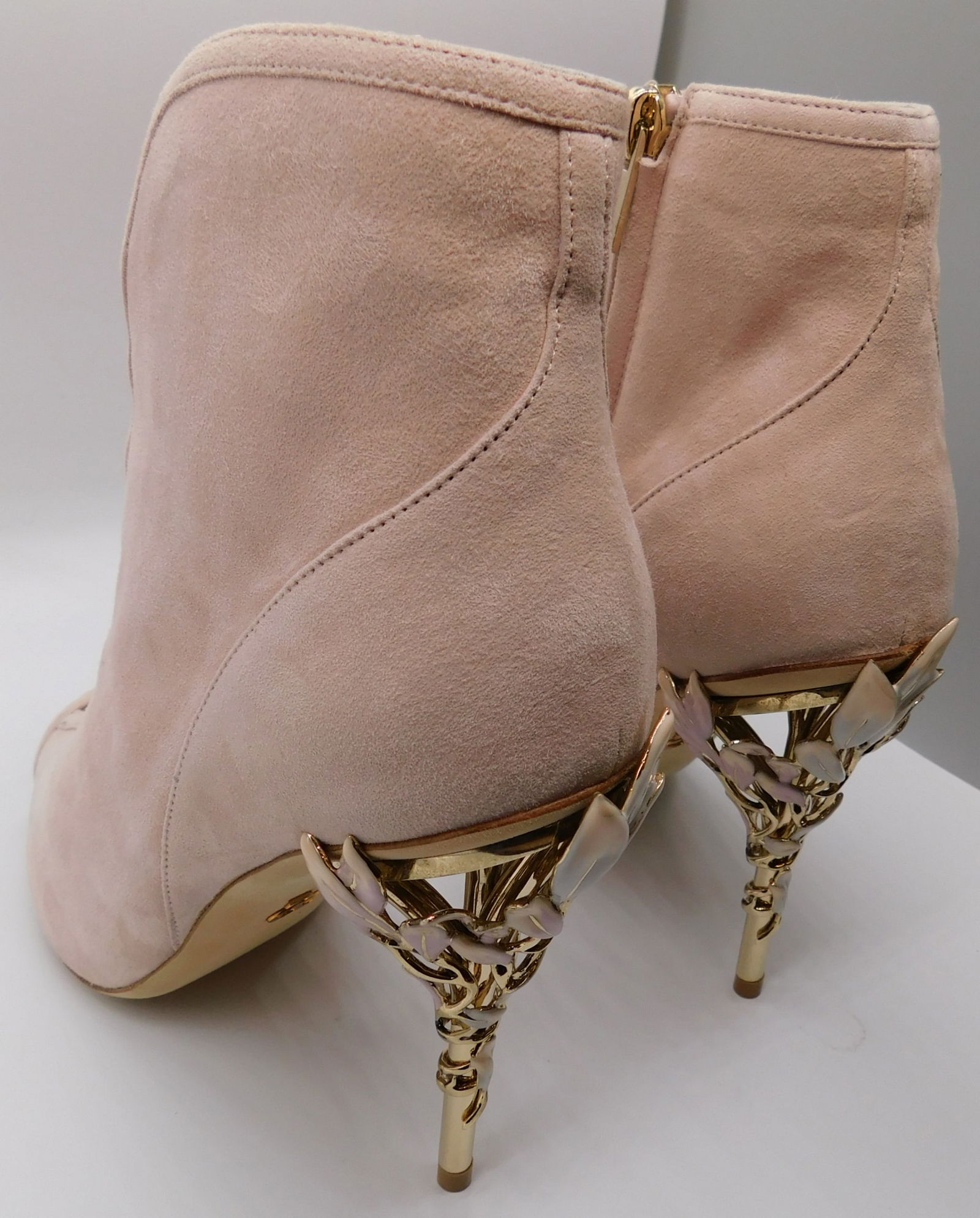 Pair of Ralph & Russo Eden Heel Open Toe Ankle Boot, Suede Fabric, Pink/Enamel with Box & Dust Bags. - 3