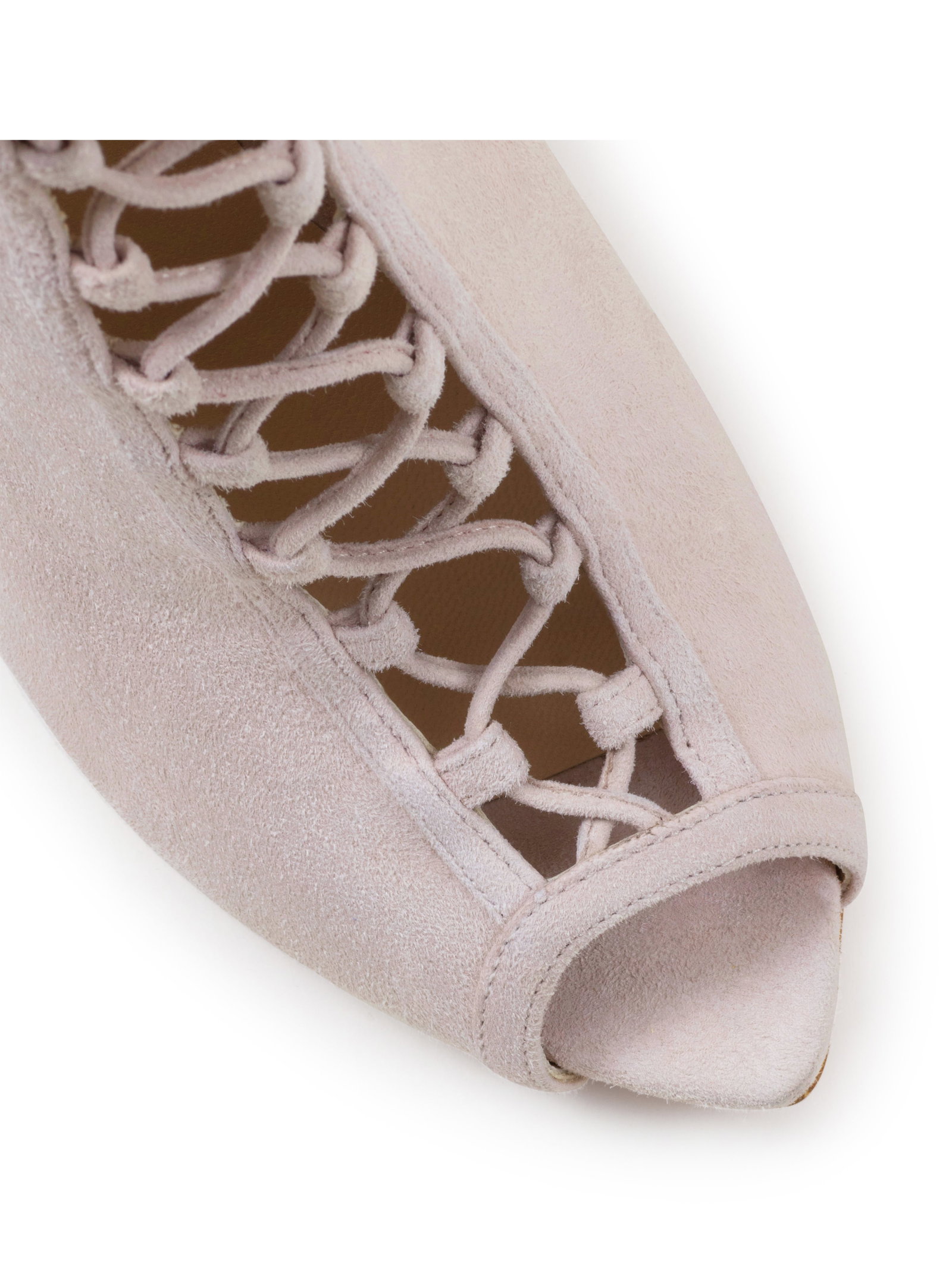 Pair of Ralph & Russo Eden Heel Open Toe Ankle Boot, Suede Fabric, Pink/Enamel with Box & Dust Bags. - 5