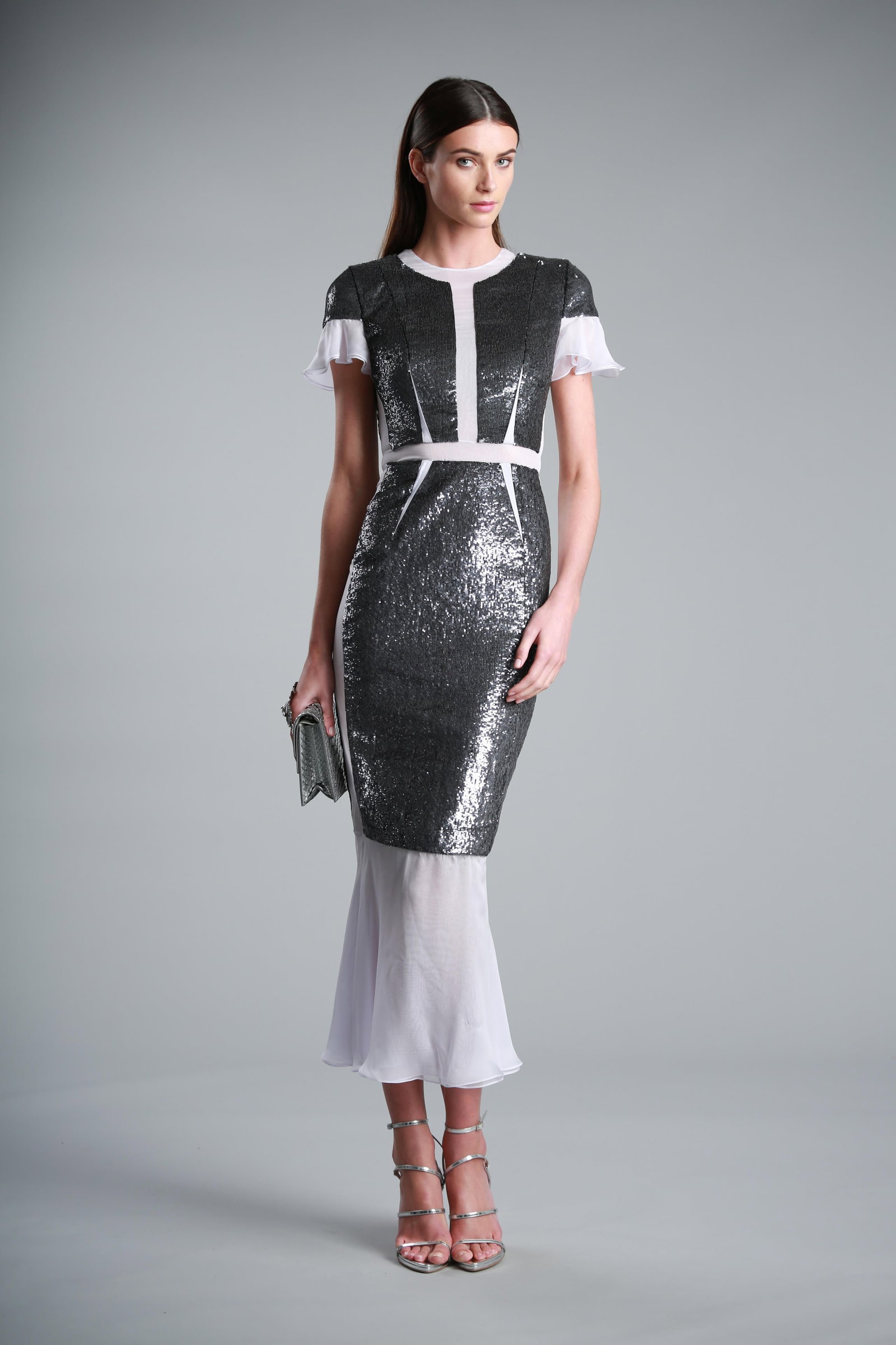 Ralph & Russo AW17W DRS 022, Drop Sleeve Sequined Flounce Cocktail Dress, Silver/ Lavender, Size 34 (1 of 5)