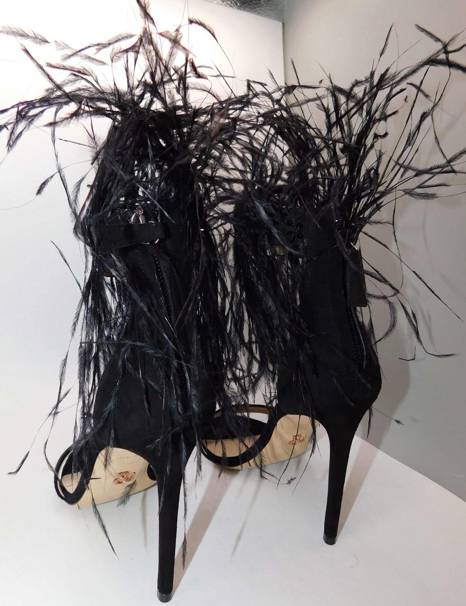 Pair of Ralph & Russo Feather Sandals, Black/ Gunmetal, With Box & Dust Bags. EU Size 36. - 2