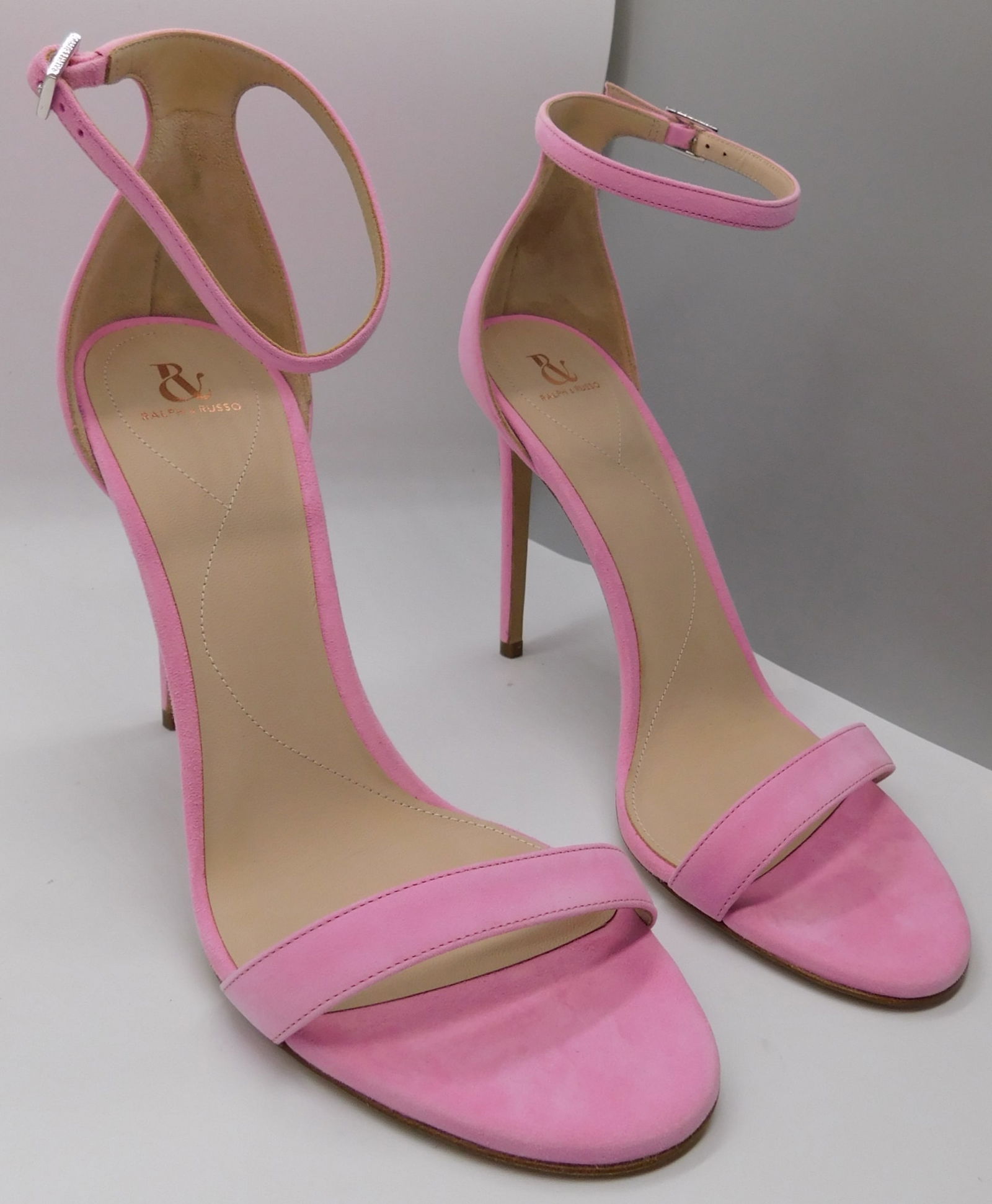 Pair of Ralph & Russo Plain Sandals, Suede Material, Pink/ Silver, With Box & Dust Bags. EU Size 36.: Pair of Ralph & Russo Plain Sandals, Suede Material, Pink/ Silver, With Box & Dust Bags. EU Size 36. (RRP £550). Handcrafted in Italy, our classic two-strap sandals