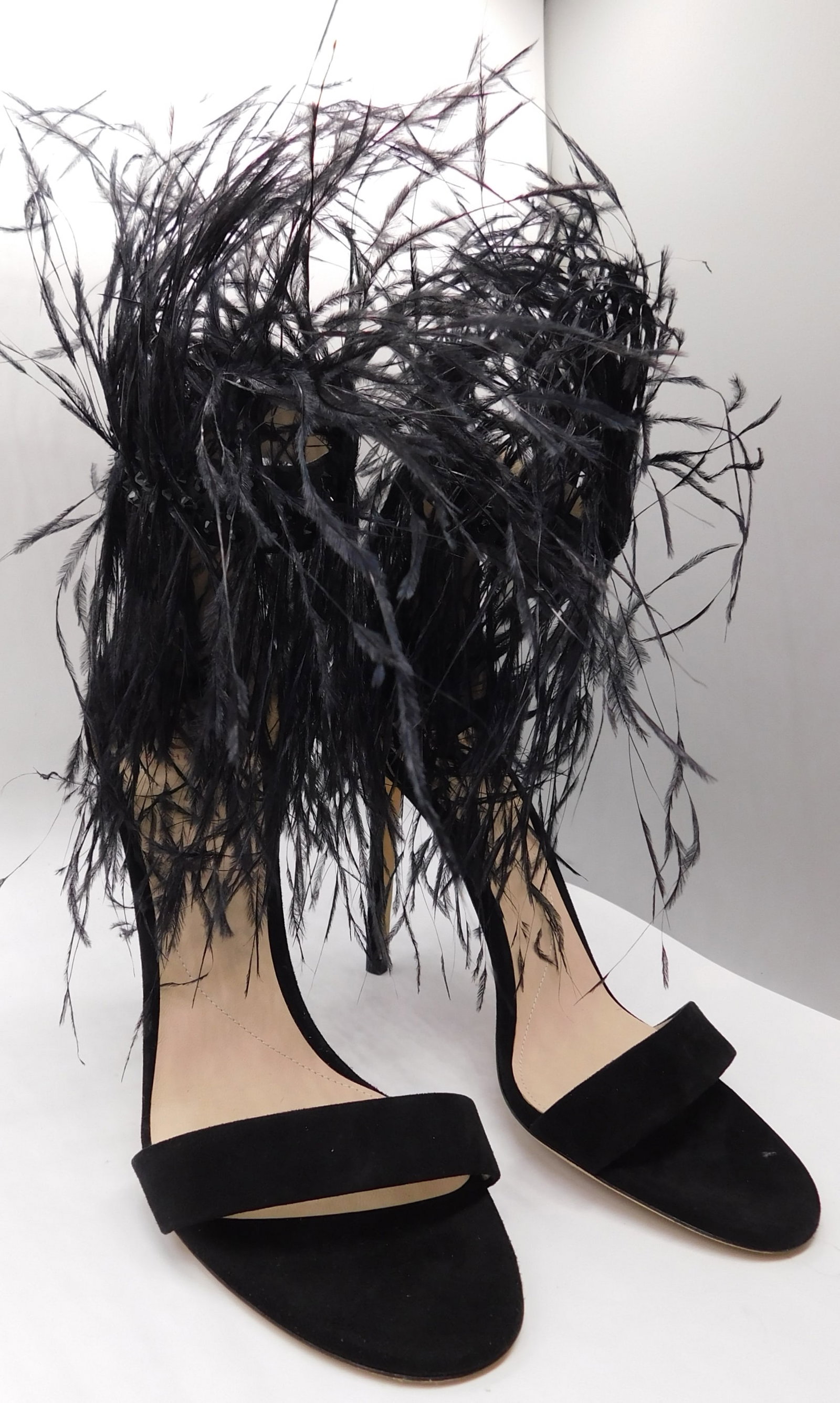 Pair of Ralph & Russo Feather Sandals, Black/ Gunmetal, With Box & Dust Bags. EU Size 36.: Pair of Ralph & Russo Feather Sandals, Black/ Gunmetal, With Box & Dust Bags. EU Size 36