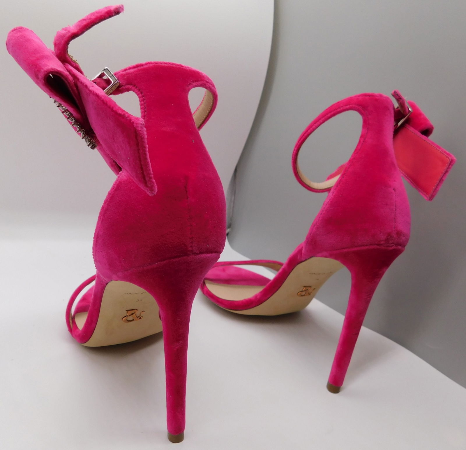 Pair of Ralph & Russo Bow Sandals, Velvet Fabric, Hot Pink/ Swarovski Buckle, With Box & Dust Bags. - 2