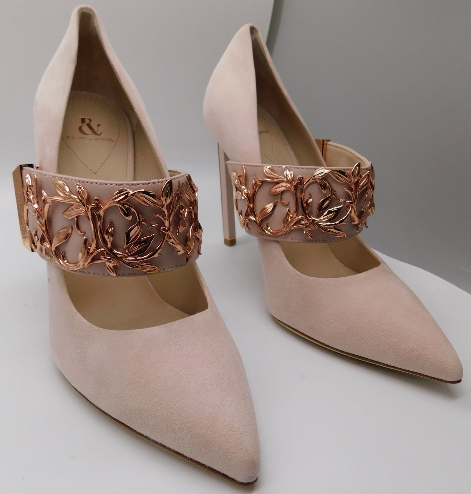 Pair of Ralph & Russo Empire Strap Eden Pump, Suede Fabric, Pink/ Rose Gold, With Box & Dust Bags. E: Pair of Ralph & Russo Empire Strap Eden Pump, Suede Fabric, Pink/ Rose Gold, With Box & Dust Bags. EU Size 37. (RRP £1,300). An ode to contemporary minimalism, the Empire