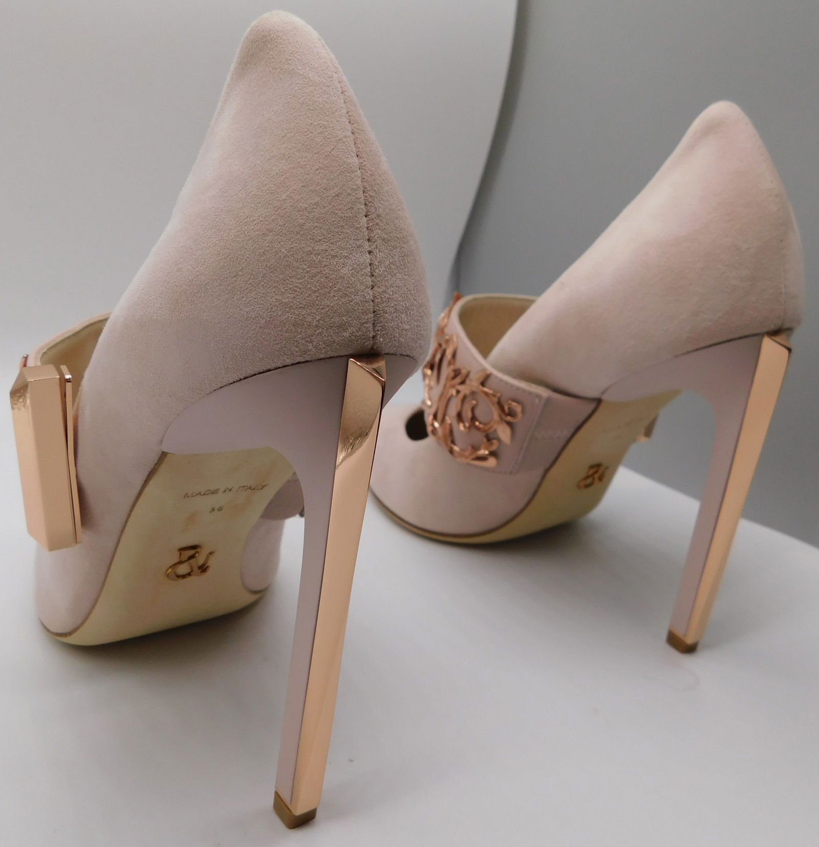Pair of Ralph & Russo Empire Strap Eden Pump, Suede Fabric, Pink/ Rose Gold, With Box & Dust Bags. E - 3
