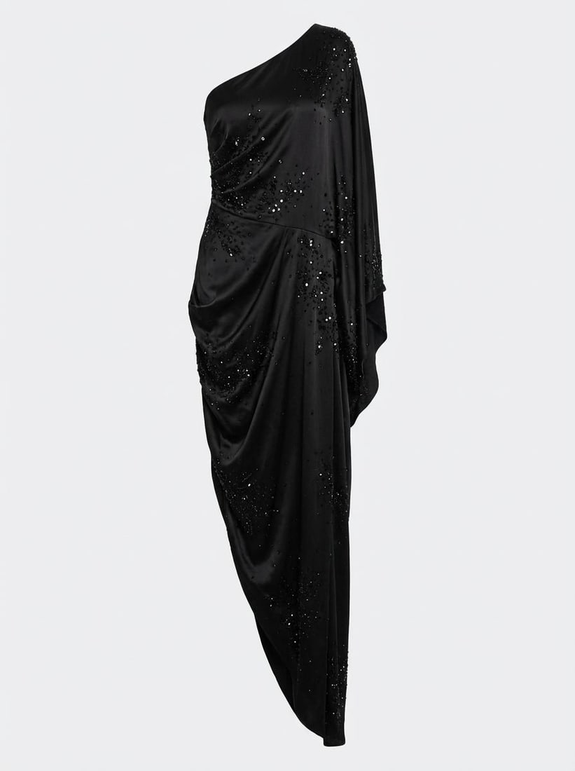 Ralph & Russo 19U 11 D16 SE04 Crystal Studded Silk Crepe Asymmetric Dress, Black, Size 44 (RRP £: Ralph & Russo 19U 11 D16 SE04 Crystal Studded Silk Crepe Asymmetric Dress, Black, Size 44 (RRP £5,900) - Asymmetric silhouette that drapes and contours the body just so, defined by a batwing