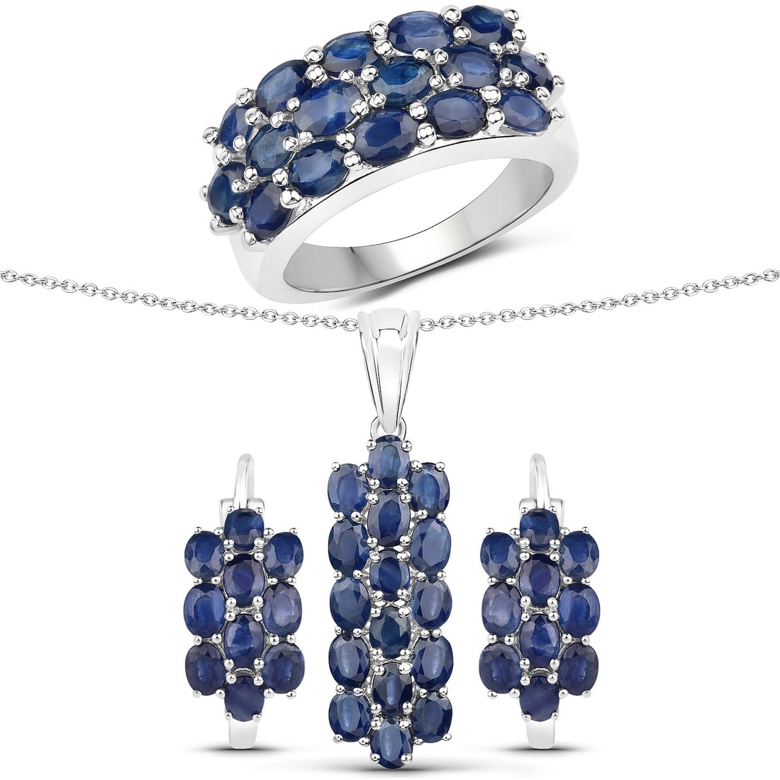 10.4 CTW Oval Sapphire Modern Sterling Silver Jewelry Set - Certified: Captured in a moment of brilliance, this design speaks to the connoisseur. The gemstones are nestled within a Cluster framework, supported by a substantial 13.63 gram Sterling Silver body. Main Stone