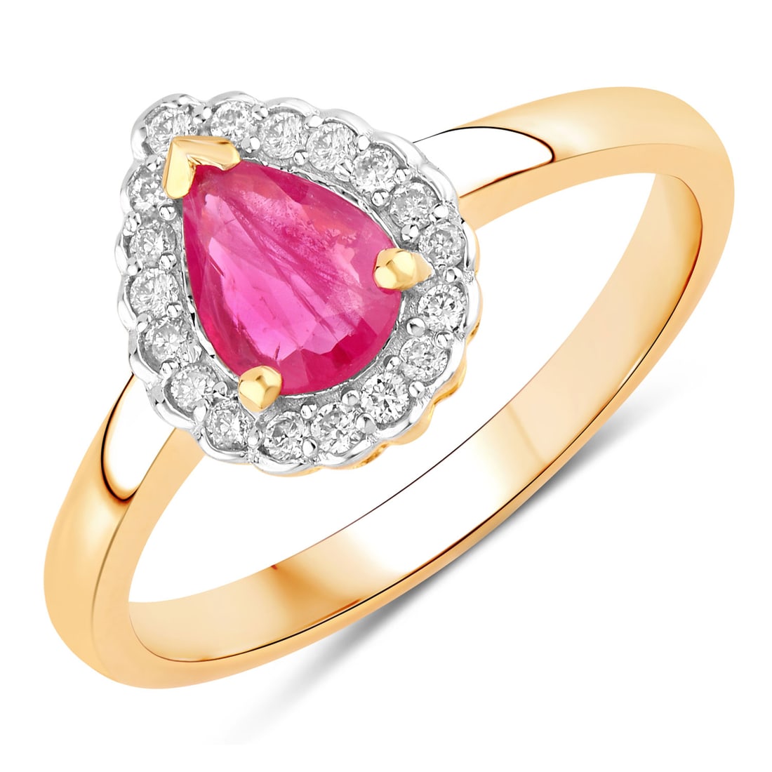 0.94 CTW Pear Ruby Modern 14K Yellow Gold Ring - Certified: A vision of luxury, this masterpiece defines sophistication. Securely held in a classic v-prong design, this item is forged from 2.522 grams of high-polish 14K Yellow Gold. Main Stone: 0.80 CTW Pear