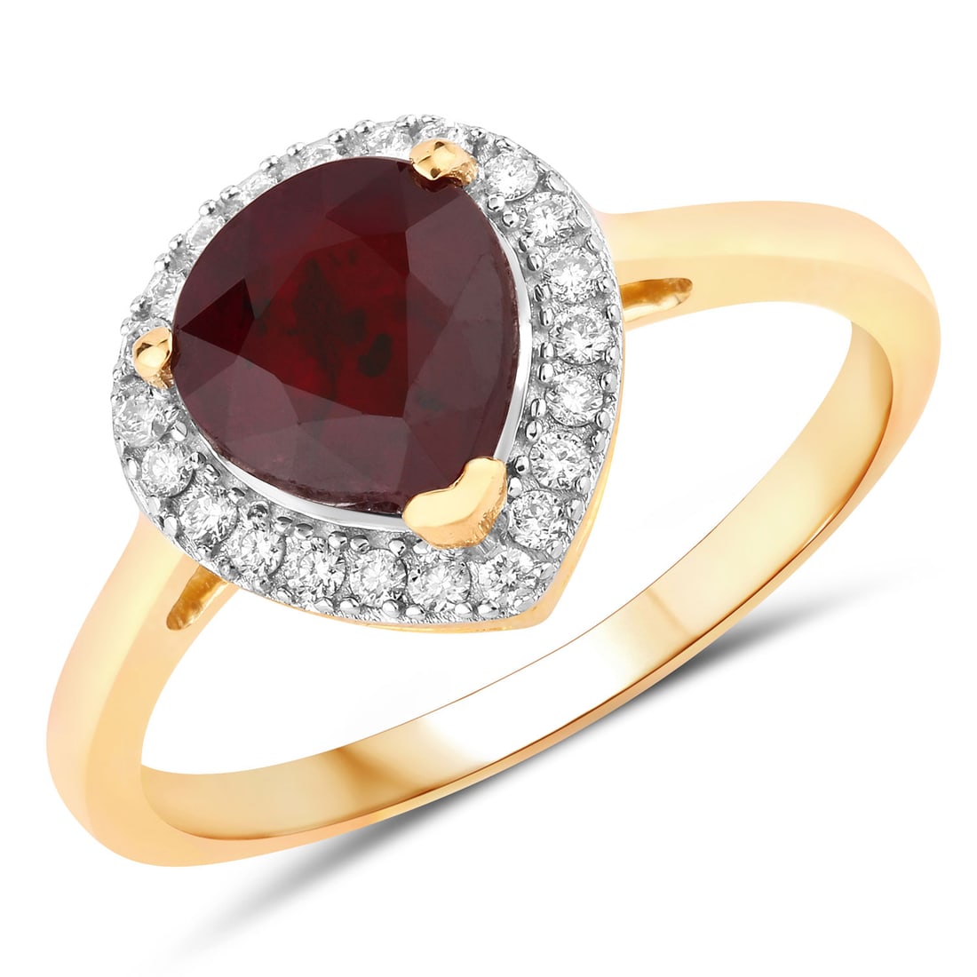 2.19 CTW Pear Ruby Modern 14K Yellow Gold Ring - Certified: Defining modern elegance, this creation captures the essence of style. The gemstones are nestled within a v-prong framework, supported by a substantial 2.532 grams of 14K Yellow Gold body. Main Stone
