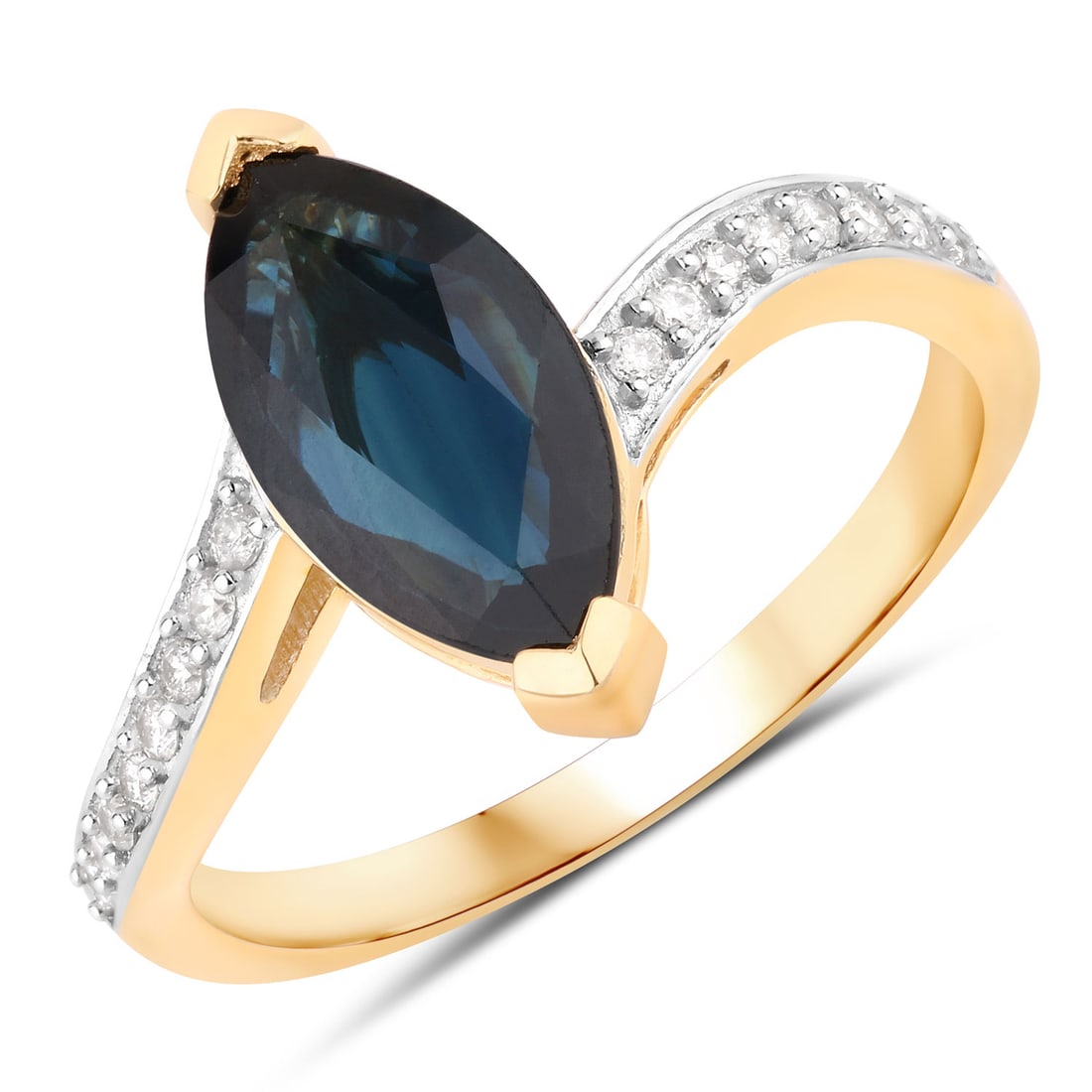 2.26 CTW Marquise Sapphire Modern 14K Yellow Gold Ring - Certified: Rare and radiant, this adornment offers a touch of the extraordinary. Crafted with precision, the v-prong setting is seamlessly integrated into 2.888 grams of 14K Yellow Gold. Main Stone: 2.10 CTW Ma