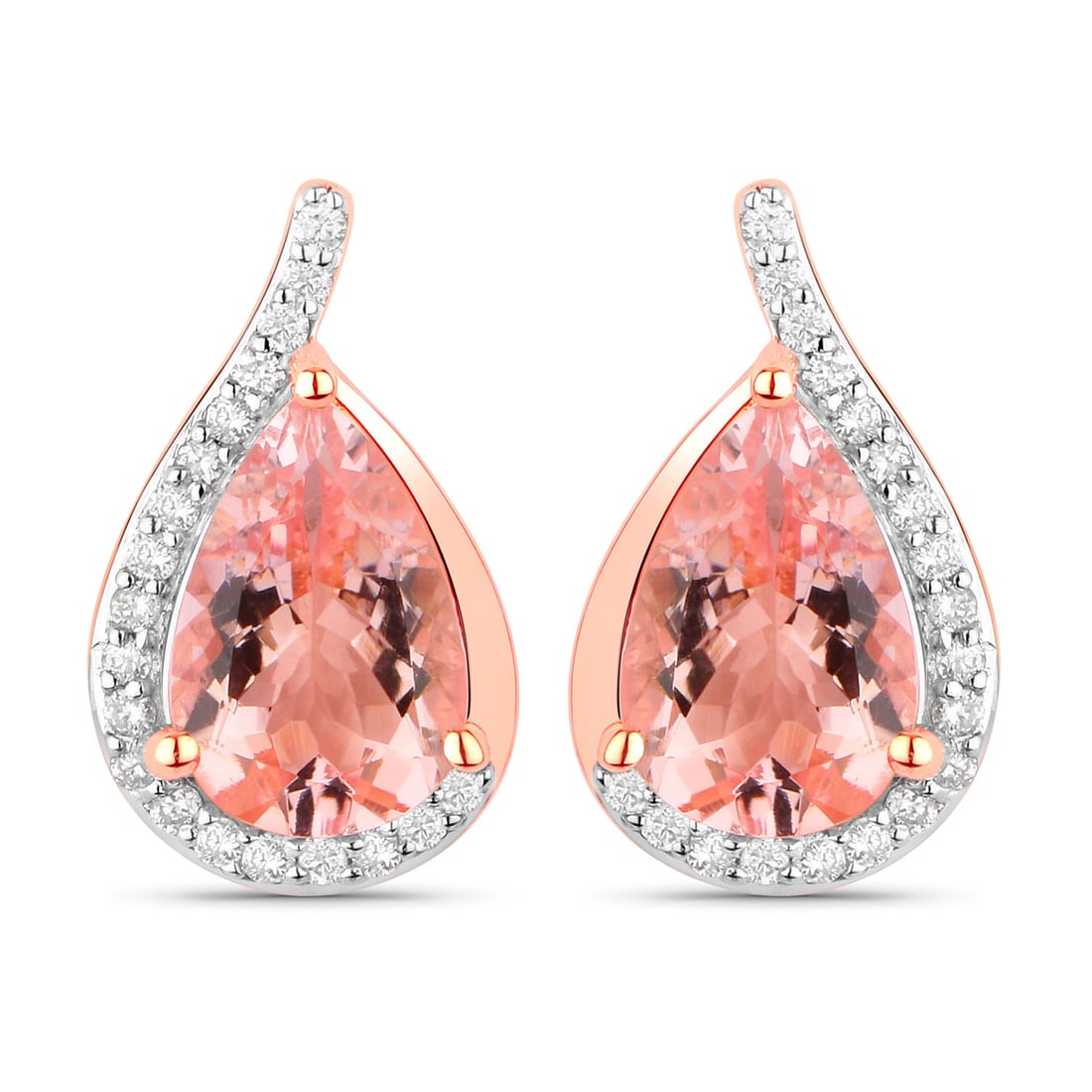 2.43 CTW Pear Morganite Modern 14K Rose Gold Earrings - Certified: A vision of luxury, this exquisite pair of earrings defines sophistication. Securely held in a classic Prong design, this exquisite pair of earrings is forged from 2.494 grams of high-polish 14K Rose