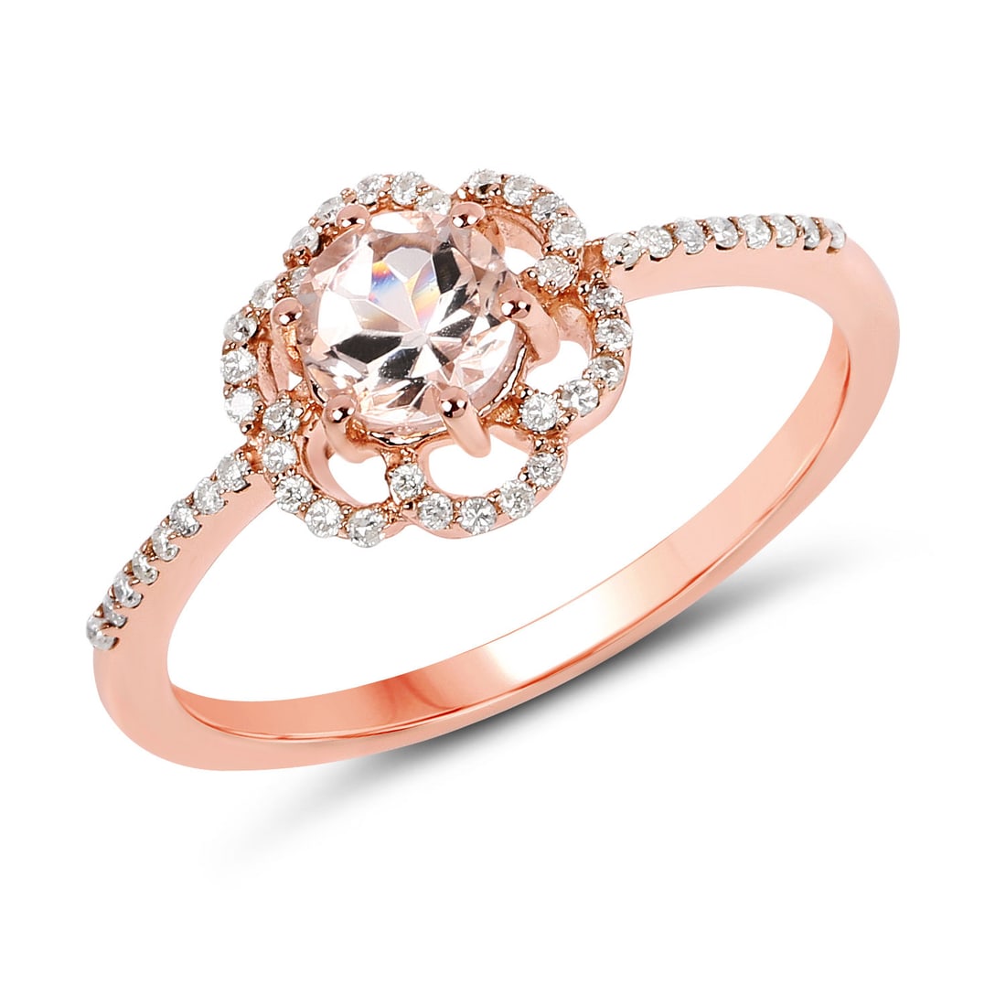 0.54 CTW Round Morganite Modern 14K Rose Gold Ring - Certified: A symphony of light and color, this piece embodies the pinnacle of luxury. Showcasing the gems in a prong arrangement, the structure consists of 1.9 grams of 14K Rose Gold. Main Stone: 0.41 CTW Round
