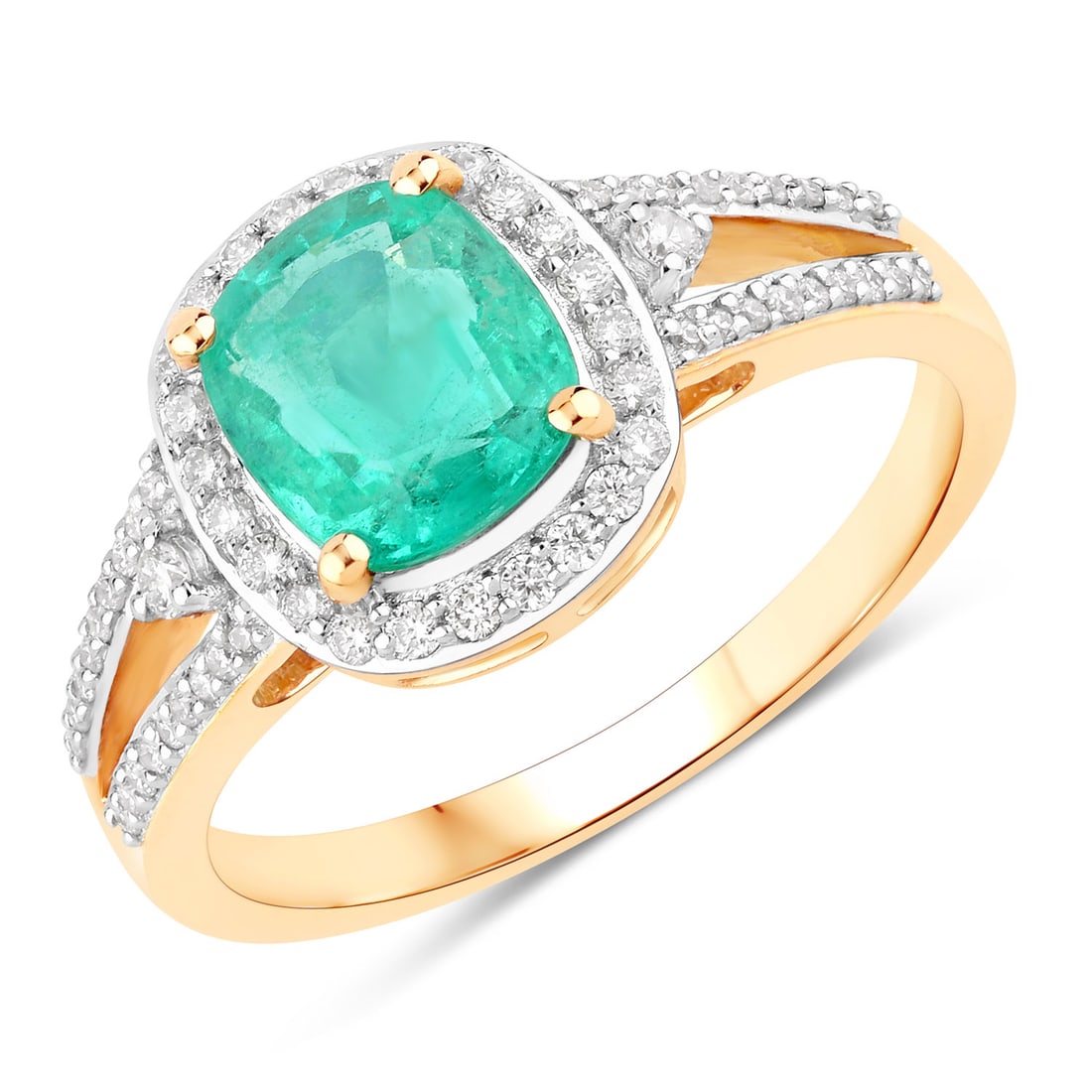 1.65 ctw Ethiopian Emerald Halo 14K Yellow Gold Ring - Certified: Exuding opulence and grace, this jewel is crafted for the distinguished. This 1.65 ctw design features 1.36 carats of Ethiopian Emerald with a vibrant green hue, surrounded by 0.29 carats of dazzling